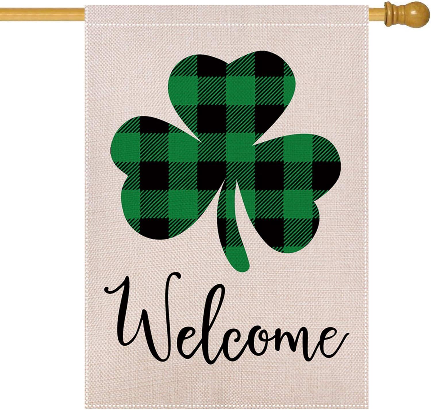 Shamrocks St. Patrick's Day Burlap House Flag Welcome 28" x 40" Briarwood Lane