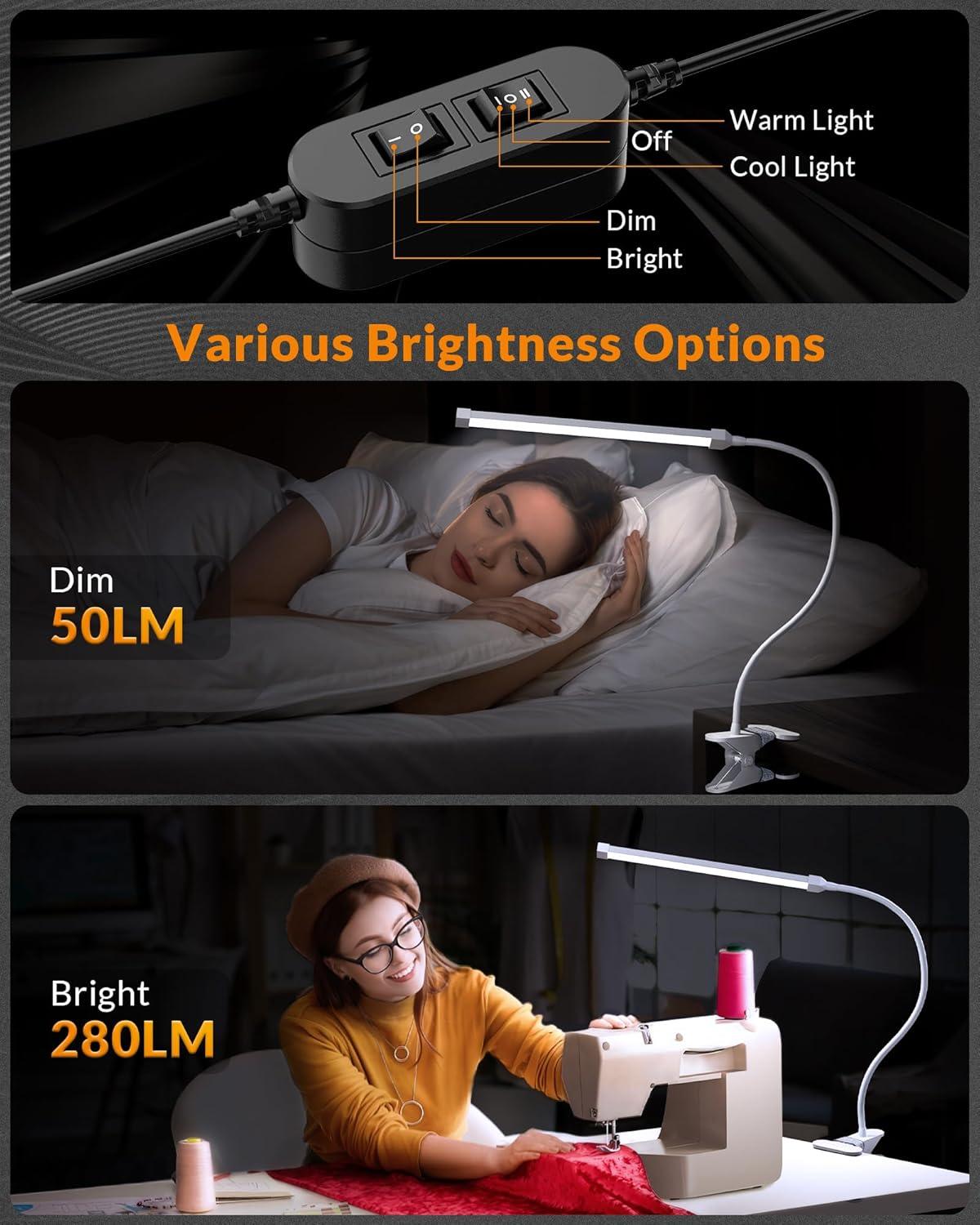 LEPOWER Led Clip on Light, 5W Reading Lights for Books in Bed with Gooseneck, Adjustable Color Temperature Clip Lamp, Ideal for Bedtime Reading and Piano Light, Metal, Silver