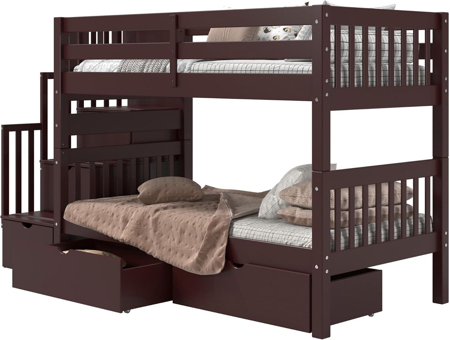 Bedz King Stairway Bunk Beds Twin over Twin with 3 Drawers in the Steps and 2 Under Bed Drawers, Dark Cherry