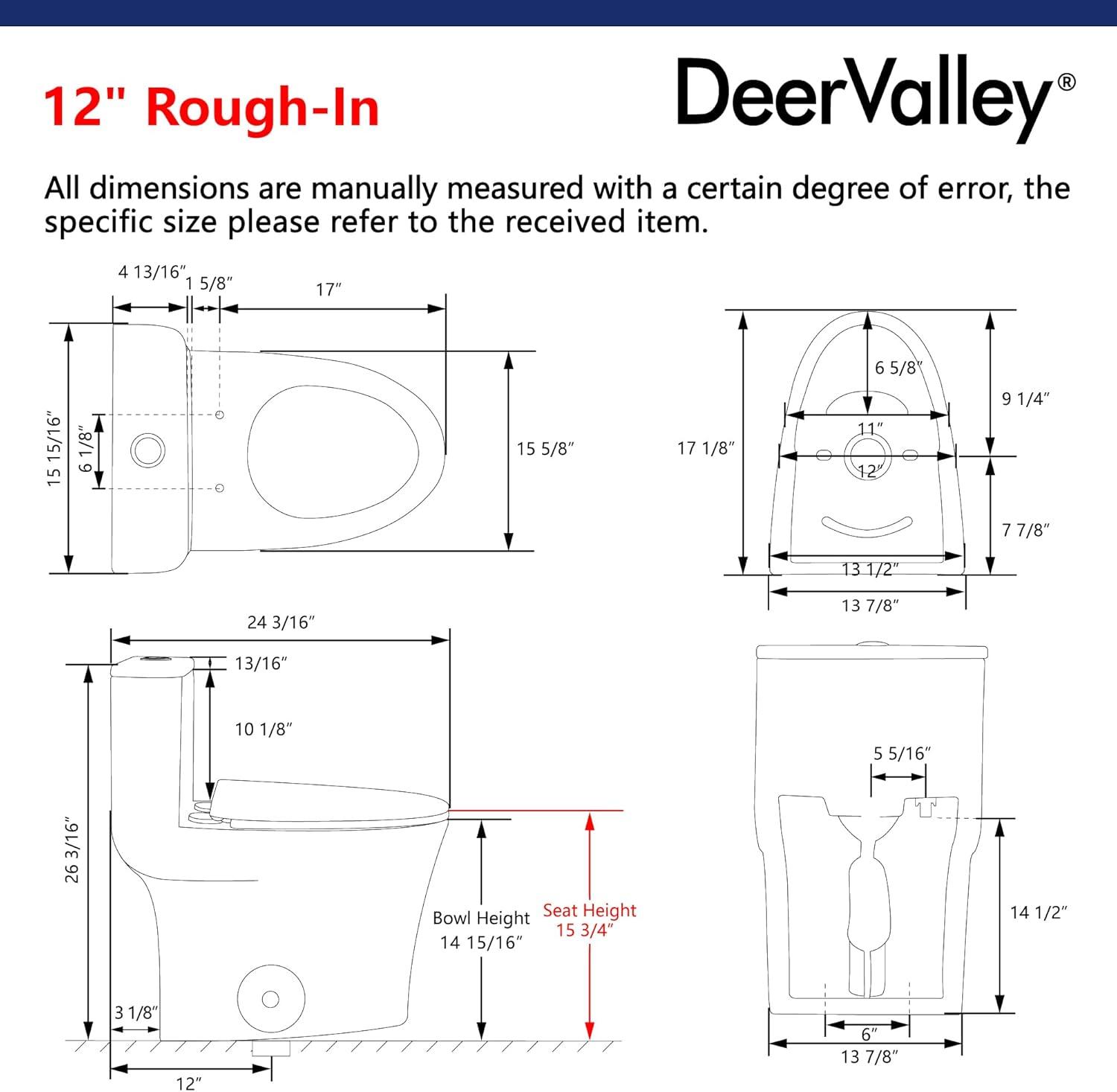 DeerValley Compact One Piece Toilet Elongated, Modern Toilet with Soft Close Seat Ceramic Glossy for Small Bathroom Space
