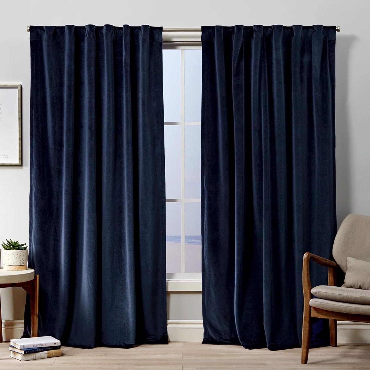 Set of 2 (84"x54") Velvet Back Tab Light Filtering Window Curtain Panels Navy - Exclusive Home: Polyester, OEKO-TEX Certified