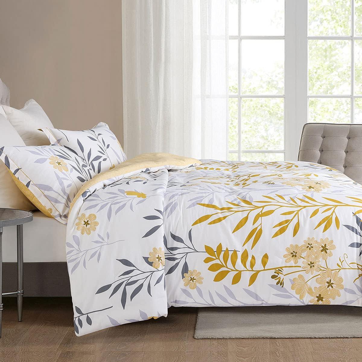 King Size White Cotton Reversible Floral Comforter Set