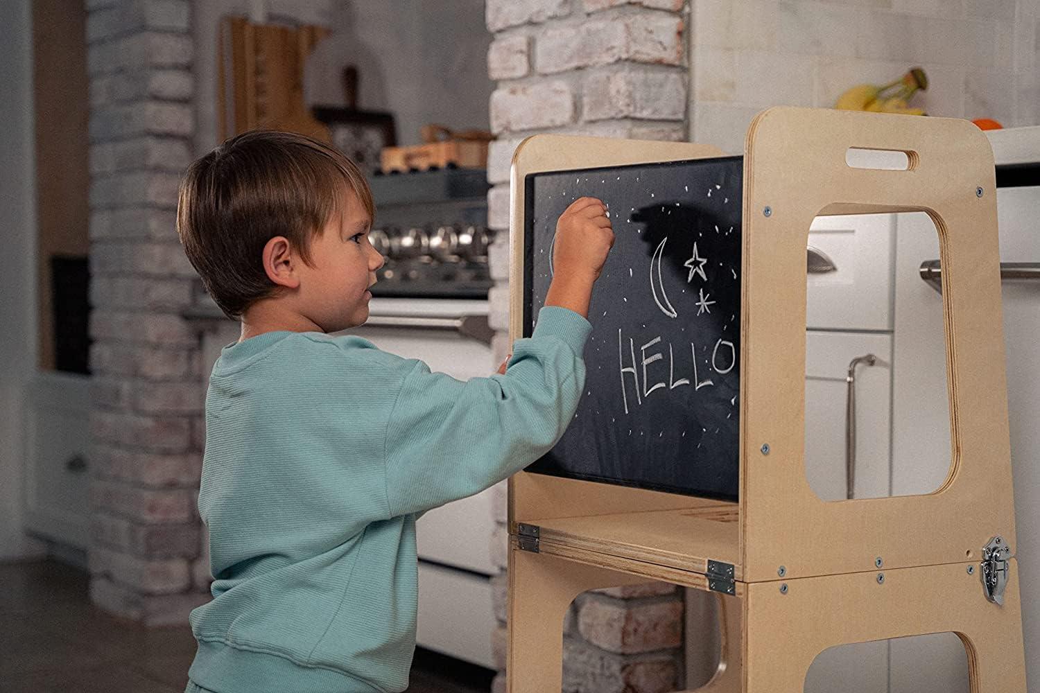 Avenlur Date 4-in-1 Foldable Kitchen Tower - Toddler Step Stool with Chalkboard, Desk Table and Chair - Waldorf and Montessori Kitchen Stool - Kitchen Stool Tower for Toddlers 18 Months to 6 Years