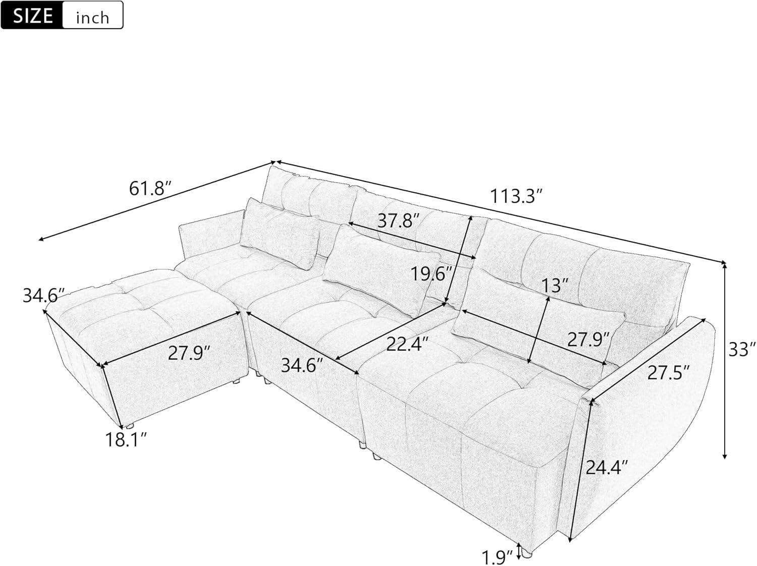 Churanty Modern Sectional Sofa 3 Seat Couch with Convertible Ottoman Chenille L shaped Couch Set with USB Port for Small Space Apartment Office,Grey