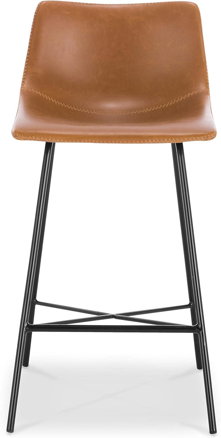 Tan Leather Saddle Style Counter Stool with Black Metal Frame, Set of 2