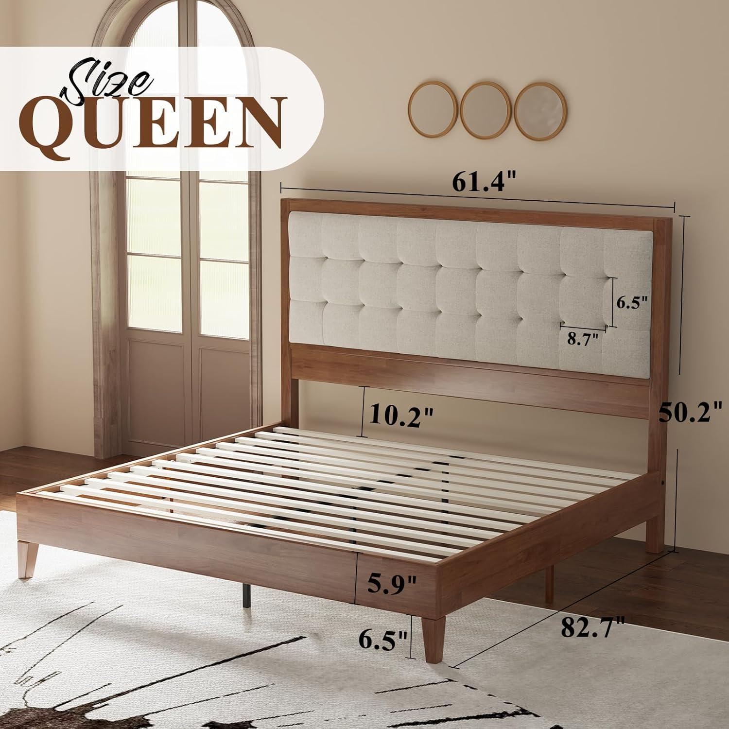 Merluxy Queen Bed Frame, Wood Platform Bed with Upholstered Headboard, Walnut