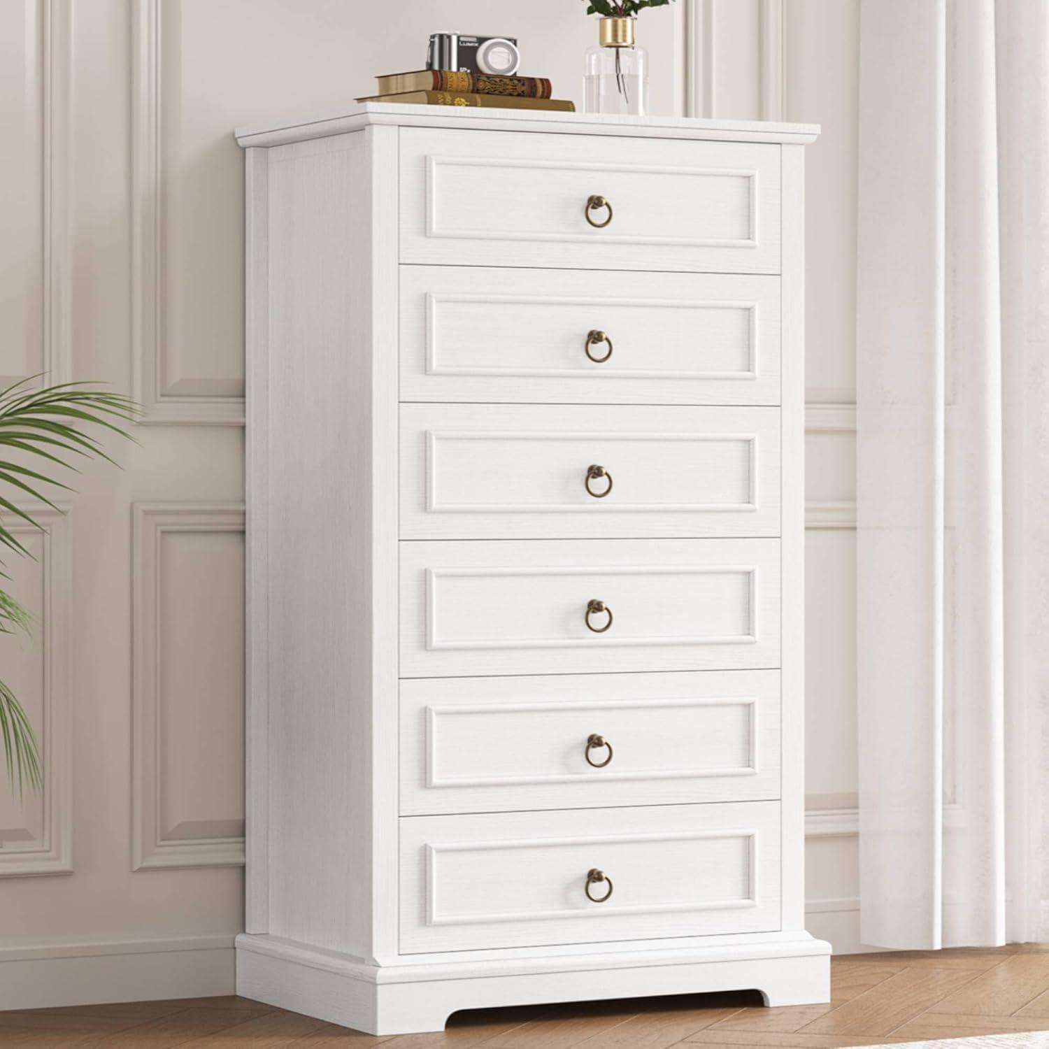 6 Drawer Dresser, 52" Tall Chest of Drawers, Modern Farmhouse Storage Dressers Organizer for Living Room, Hallway, Entryway, Home Office, White