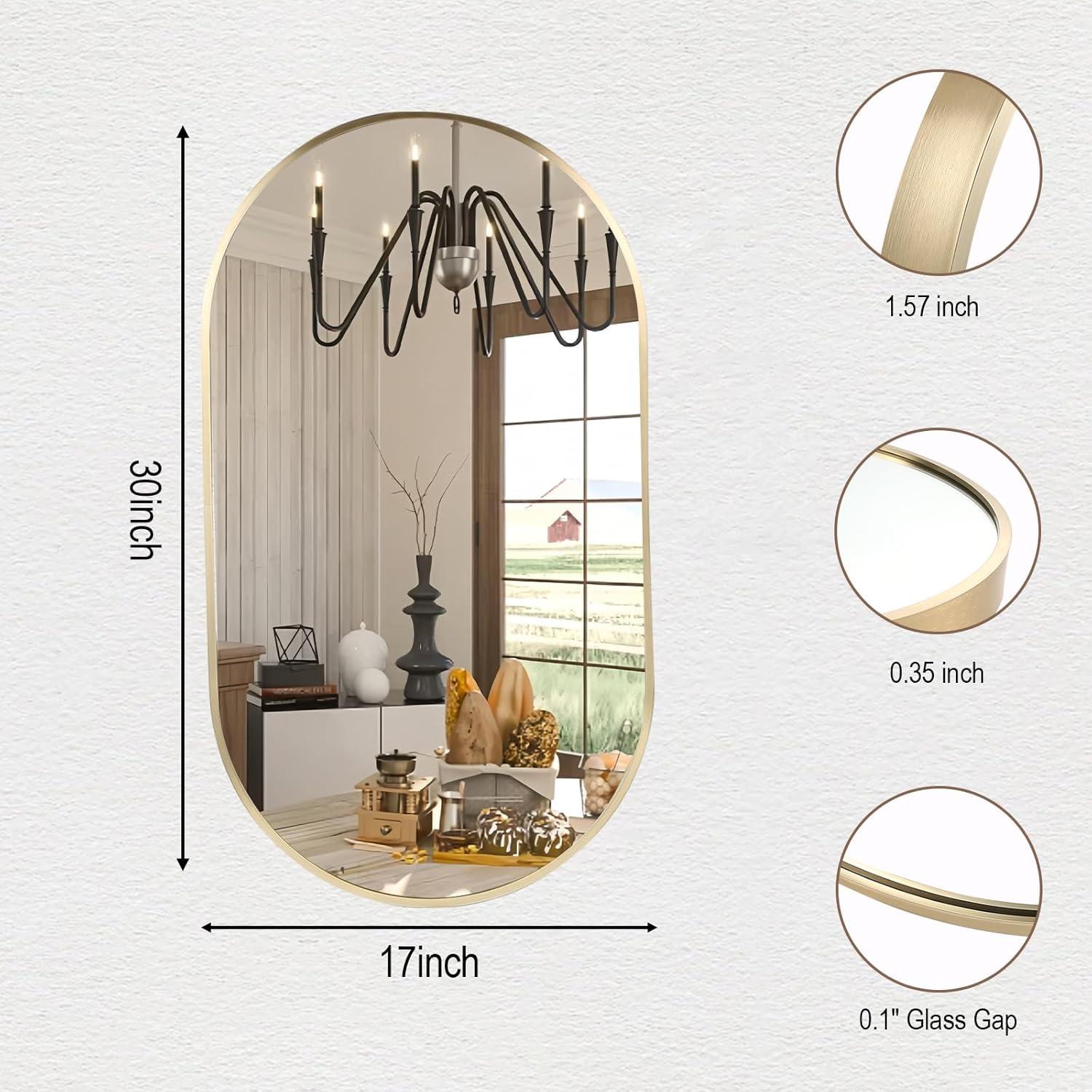 Gold Oval Wall Mirror with Metal Frame, 17" x 30"