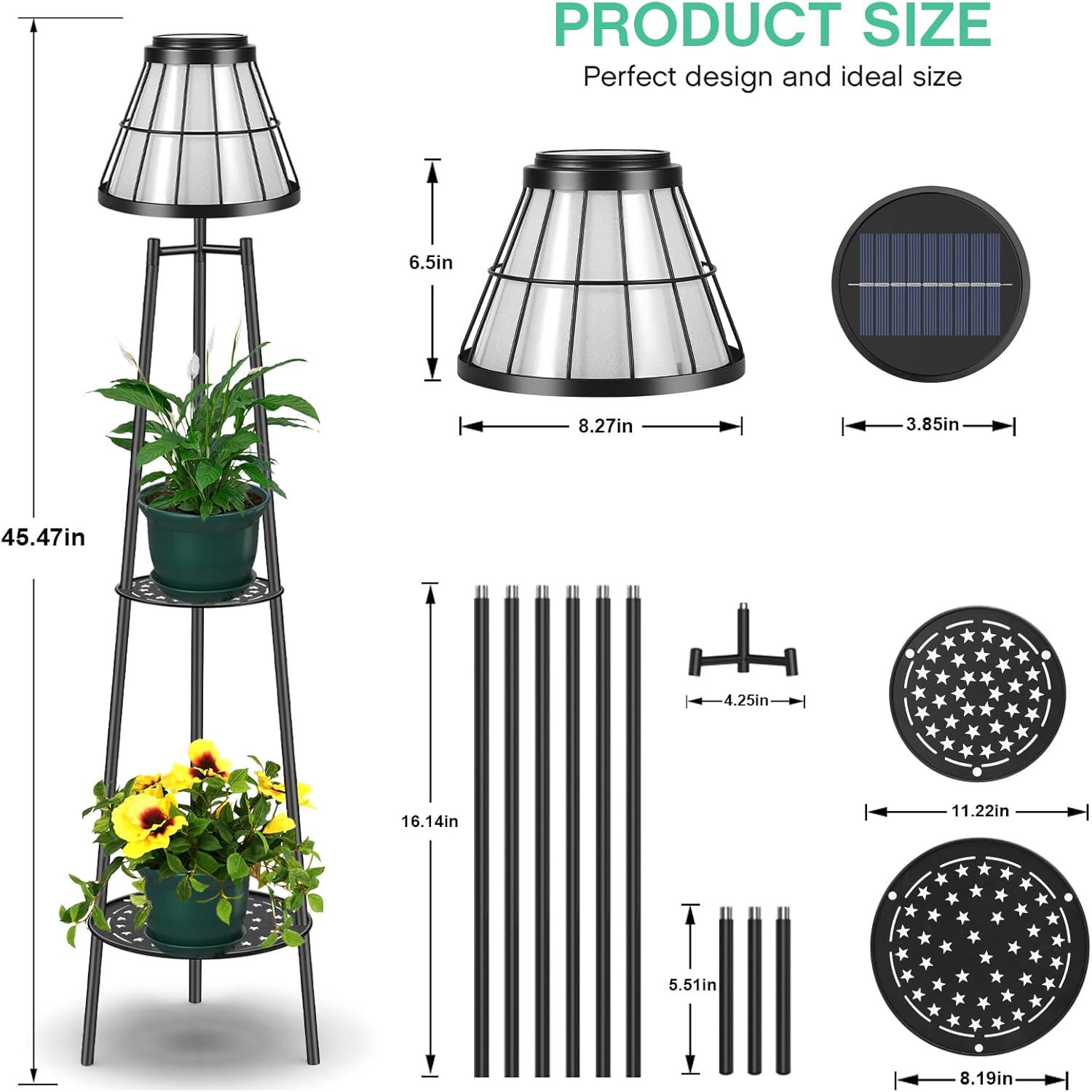 2 Pack 45.5'' Outdoor Floor Lamps with 2 Tier Plant Stand, Solar Powered Metal Waterproof Lights for Patio Deck Yard Garden Porch Decor