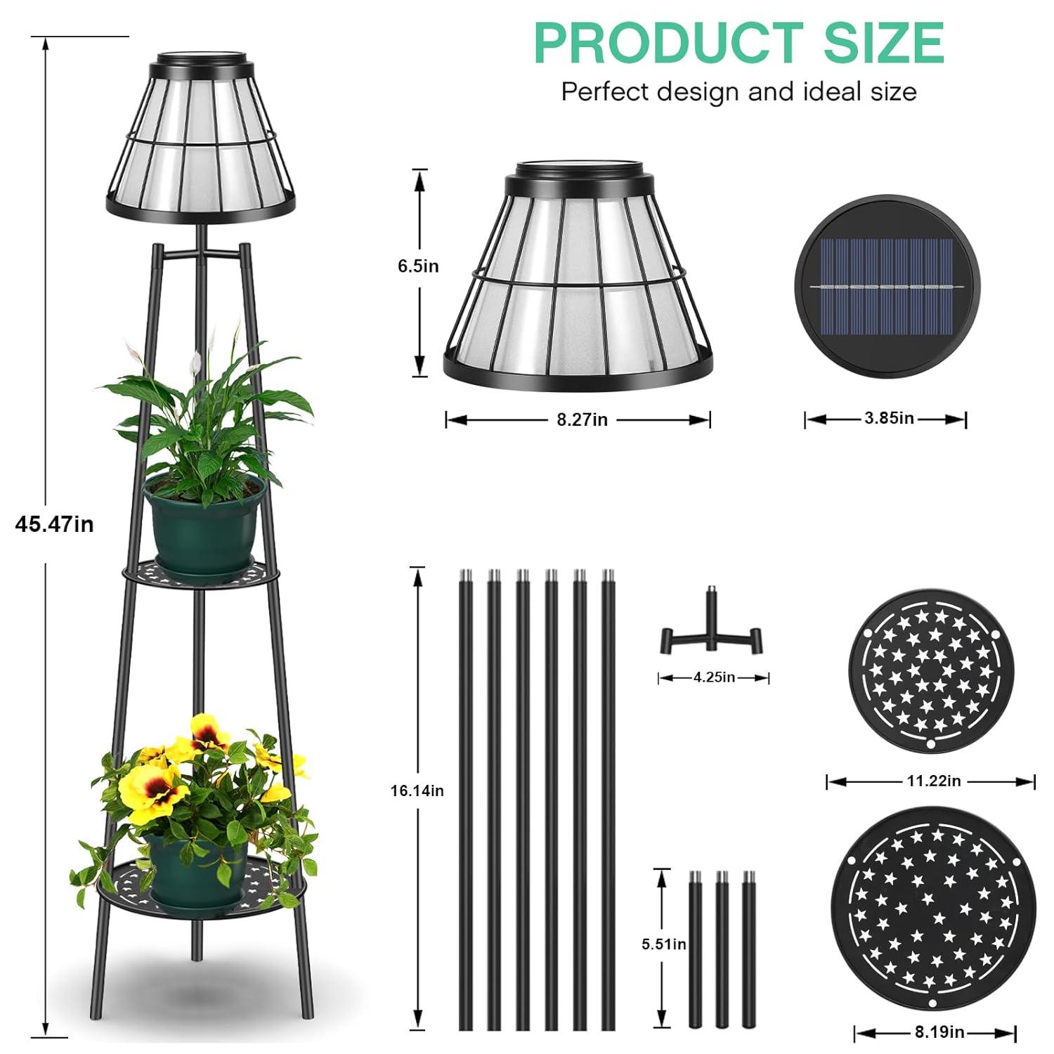 2 Pack 45.5'' Outdoor Floor Lamps with 2 Tier Plant Stand, Solar Powered Metal Waterproof Lights for Patio Deck Yard Garden Porch Decor