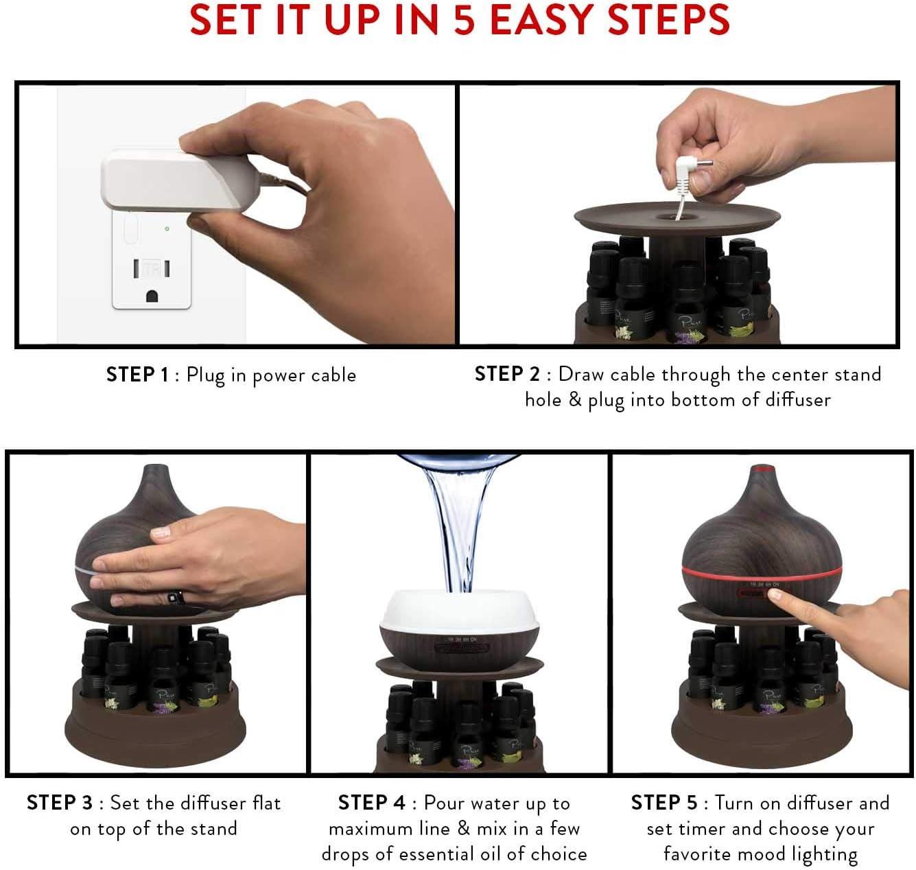 Pure Daily Care Aromatherapy Diffuser Set with Rotating Stand - 300 ml, 10 Essential Oils (Dark Brown)
