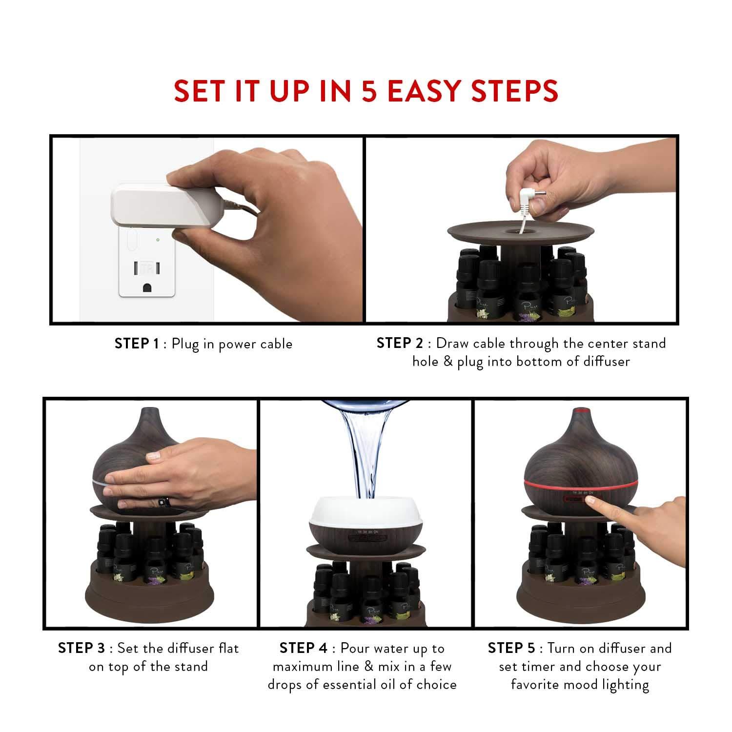 Pure Daily Care Aromatherapy Diffuser Set with Rotating Stand - 300 ml, 10 Essential Oils (Dark Brown)