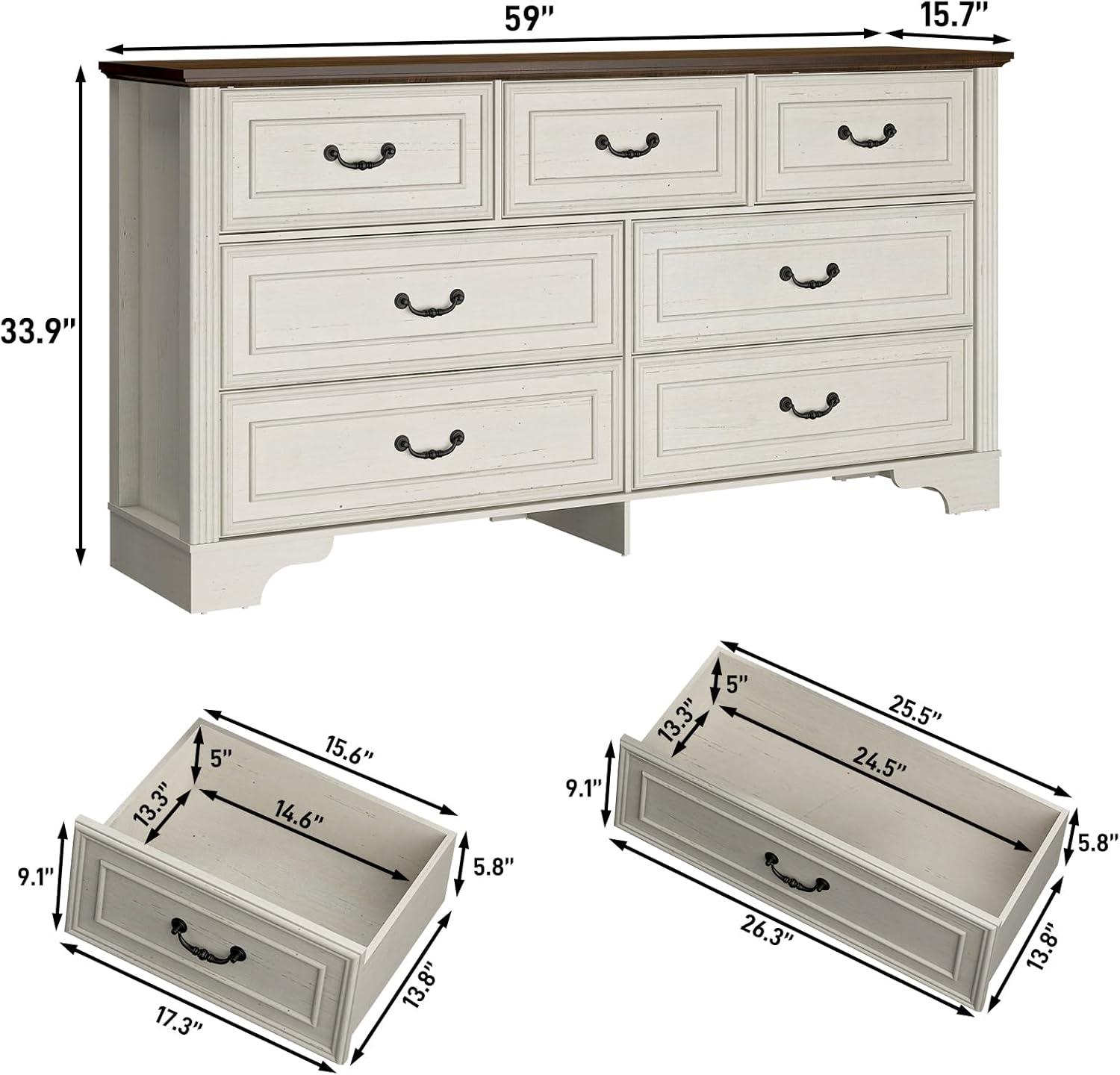 Charlton Home® 59" Farmhouse Dresser With 7 Spacious Drawers – Rustic Wooden Storage Cabinet For Bedroom, Living Room, Or Entryway