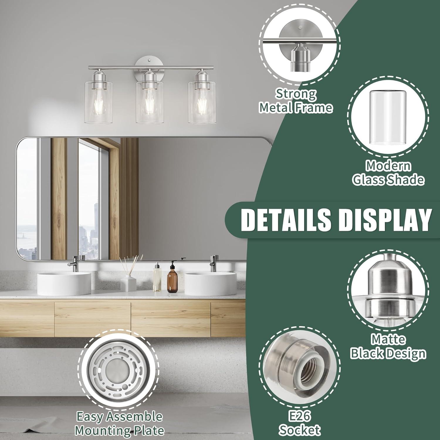 Vanity Wall Light Fixtures, Modern 3 Lights Wall Sconce with Clear Glass Shade, Brushed Nickel Farmhouse Wall Lamp for Bathroom Mirror Kitchen Porch Living Room Workshop (E26 Base)