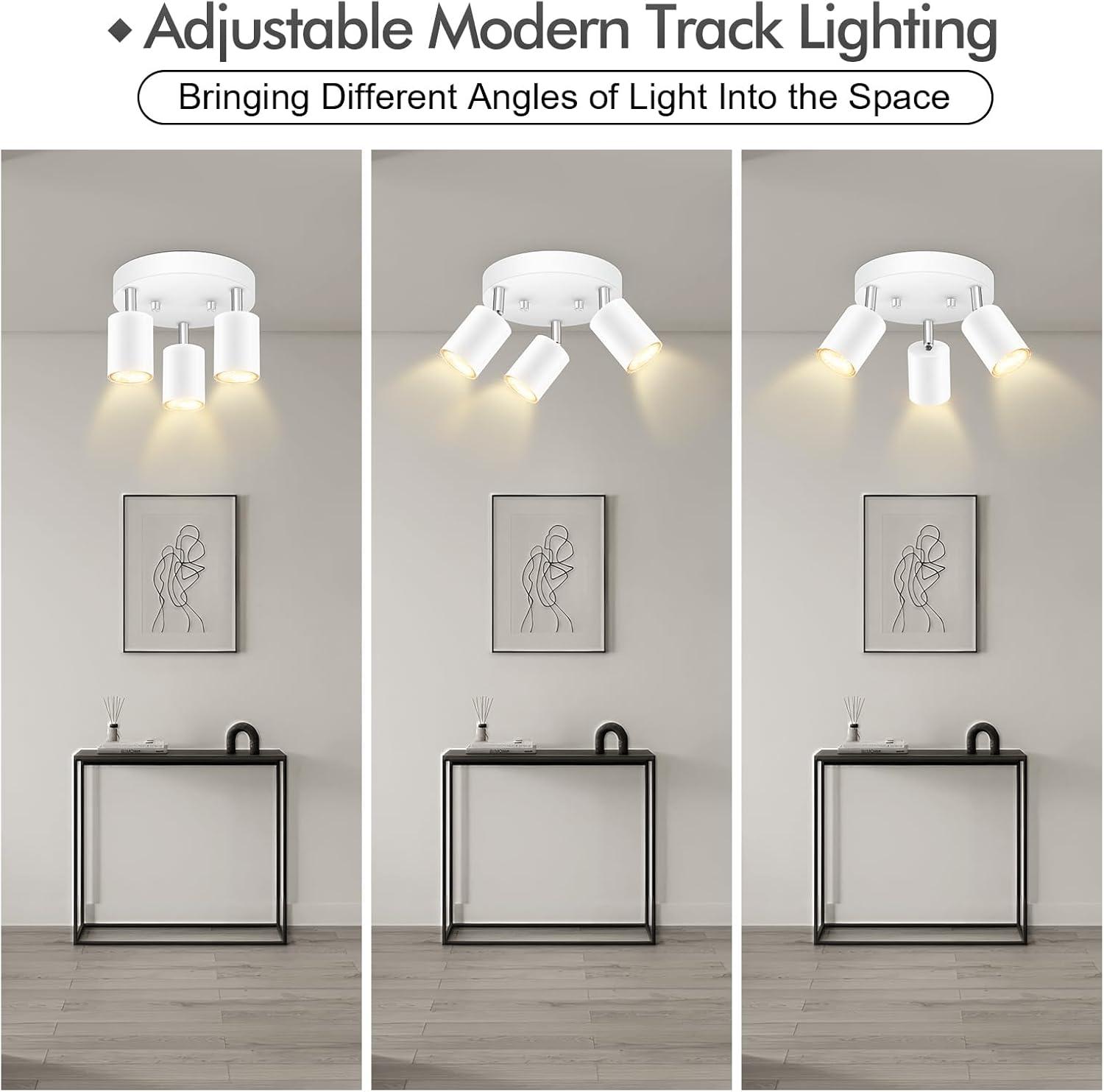 LED 3 Light Track Lighting Kit, LED Track Lighting Fixtures, White Round Ceiling Spot Lighting, Flexibly Rotatable Light Head for Kitchen, Living Room, Bedroom, GU10 Bulb Not Included