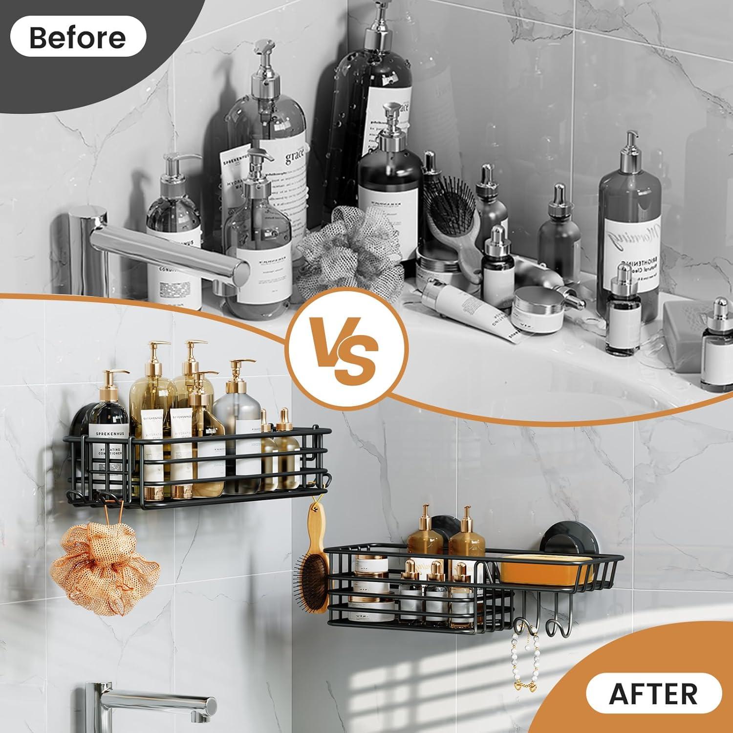 Shower Caddy Suction Cup 2 Pack With Hooks & Soap Holder, Heavy Duty Shower Organizer For Bathroom