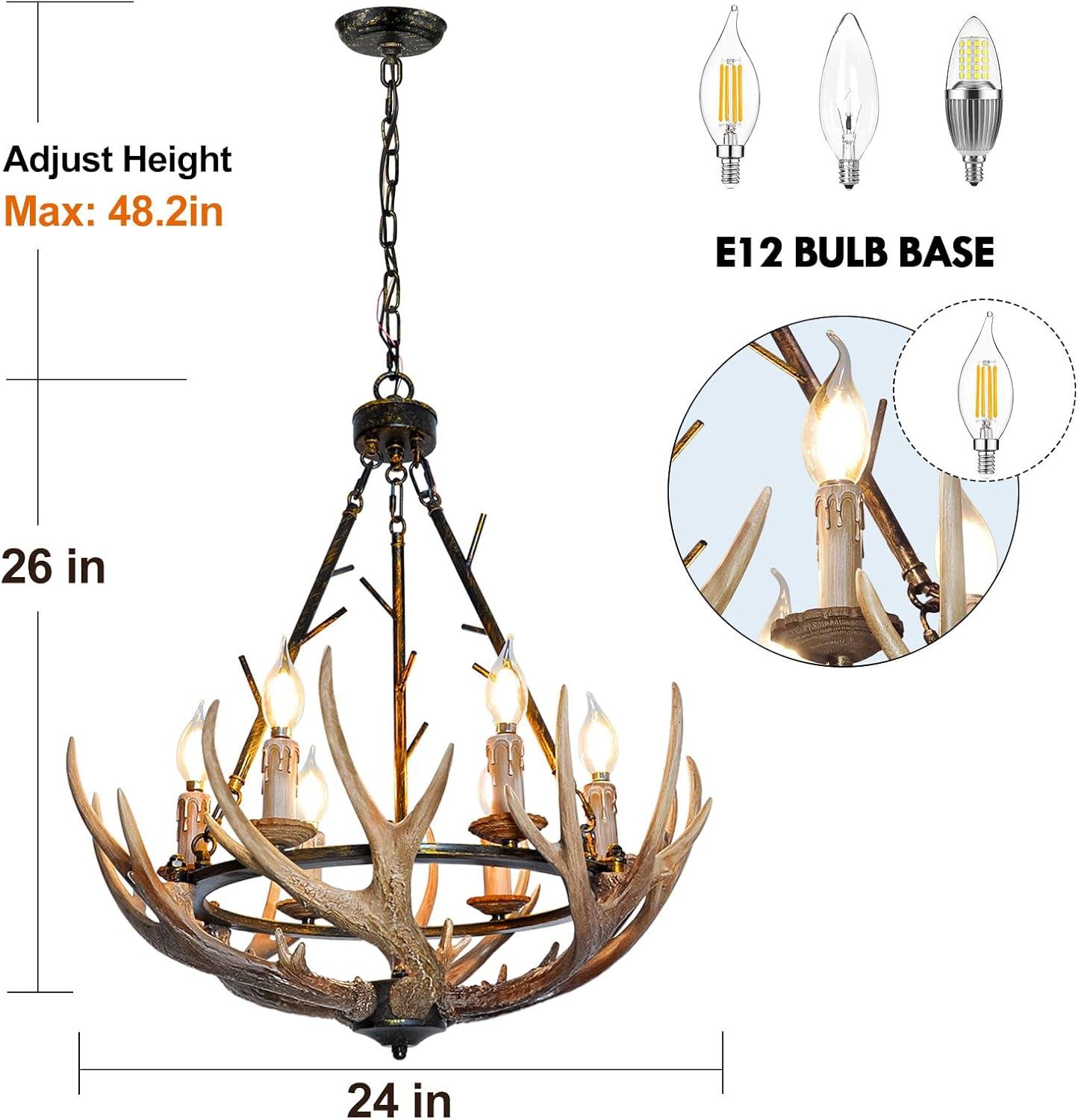 Rustic Antler Chandelier 6 Lights, Farmhouse Chandeliers with Resin 6 Antlers and Retro Metal Wagon Wheel Chandelier Vintage Style for Dining Room, Kitchen, Island, Living Room UL Listed