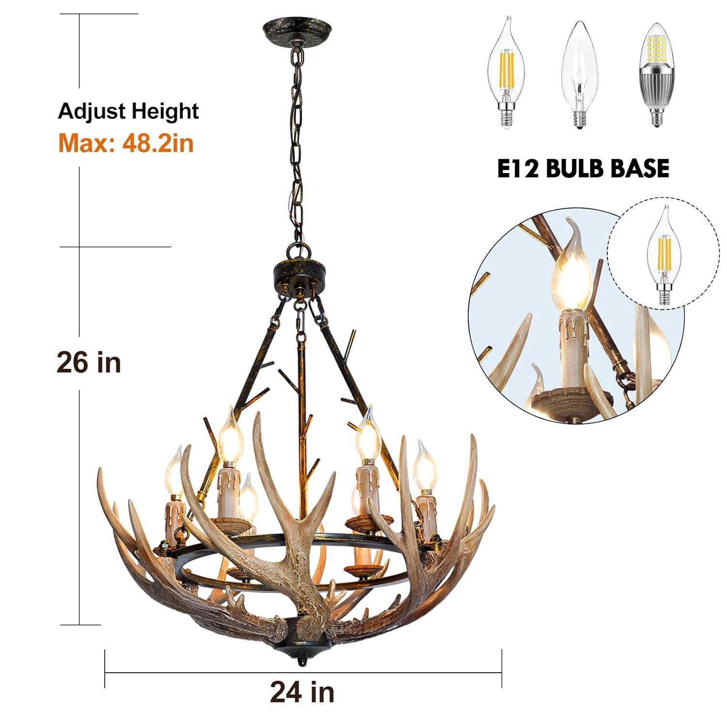 Rustic Antler Chandelier 6 Lights, Farmhouse Chandeliers with Resin 6 Antlers and Retro Metal Wagon Wheel Chandelier Vintage Style for Dining Room, Kitchen, Island, Living Room UL Listed