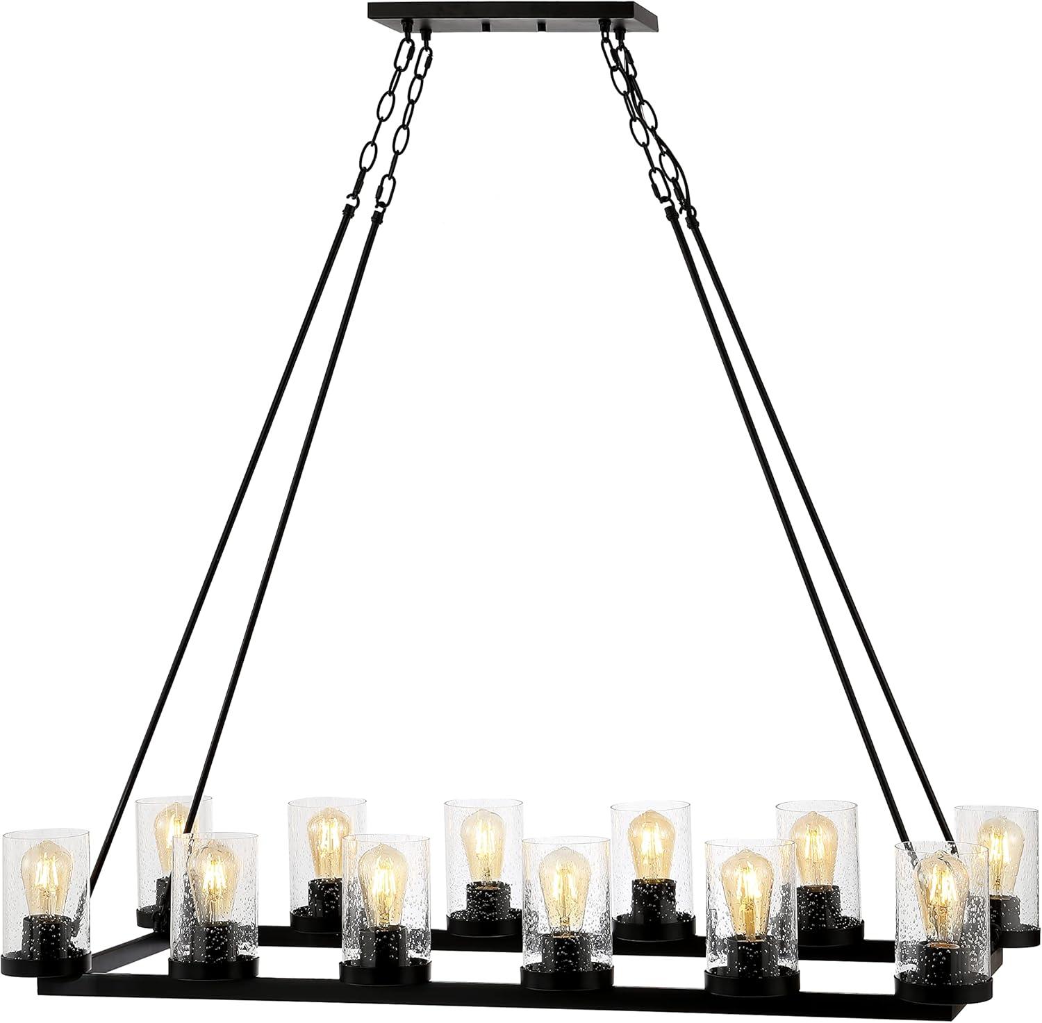 Athos 45.5" 12-Light Seeded Glass/Iron Rustic Farmhouse Linear LED Candelier, Oil Rubbed Bronze