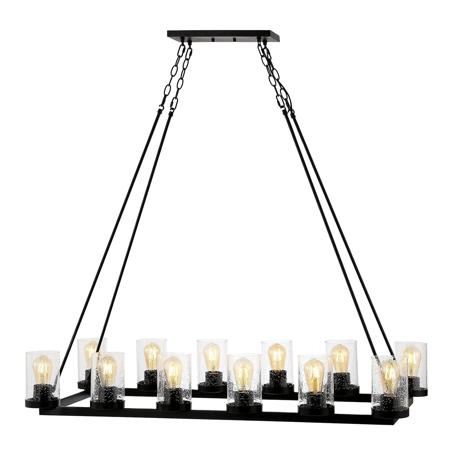 JONATHAN Y JYL7555A Corona de 45,5" - 12 Luces de Vidrio sin Semillas/hierro Rústico Granja Rectangular LED Candelier, Industrial, Vintage para Sala de Estar, Comedor, Dormitorio Bombilla Incluida, Bronce Aceitado