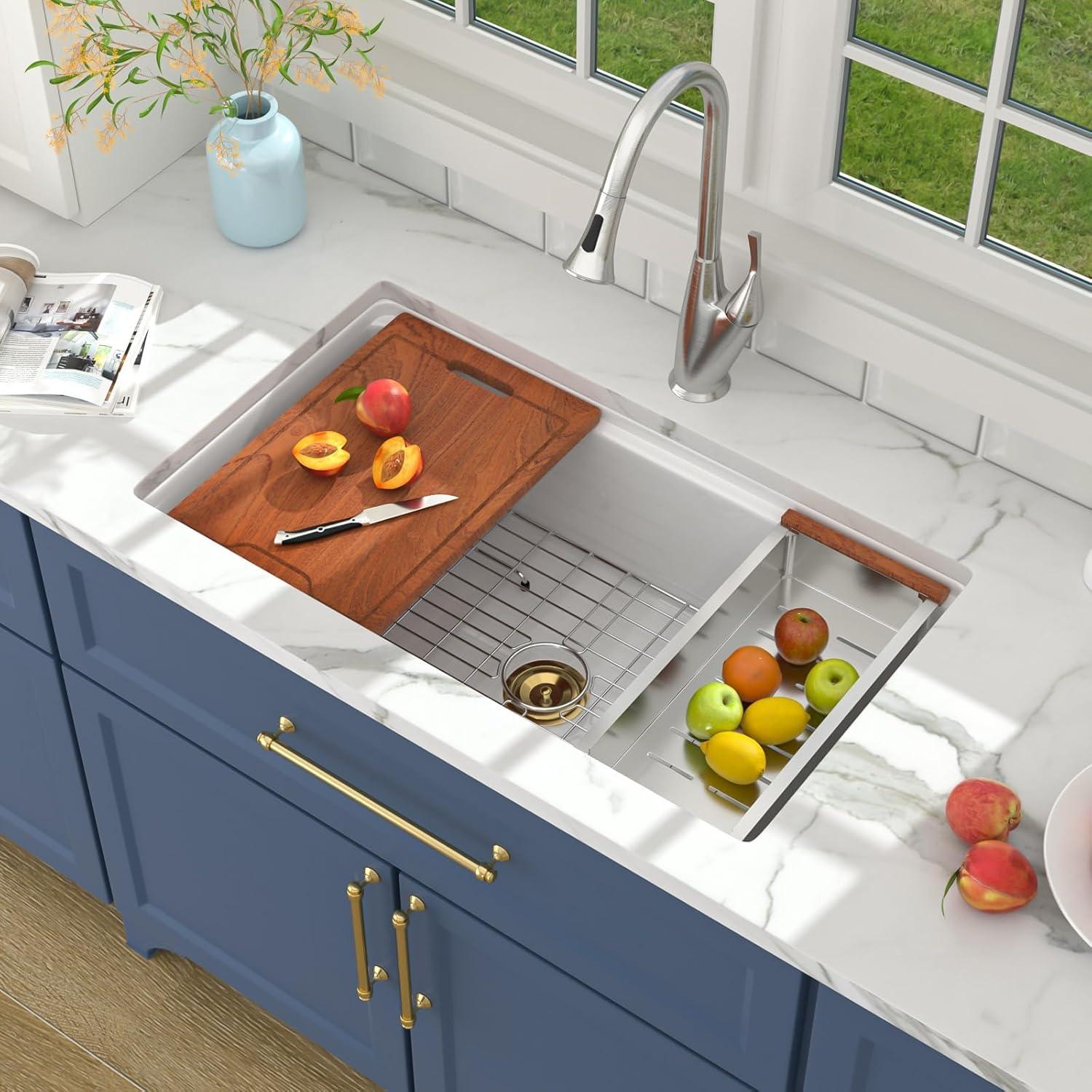 Lordear 33 Inch White Kitchen Sink Undermount Composite Granite Quartz Single Bowl Workstation 33x19x10 Inch Under Counter Kitchen Sinks