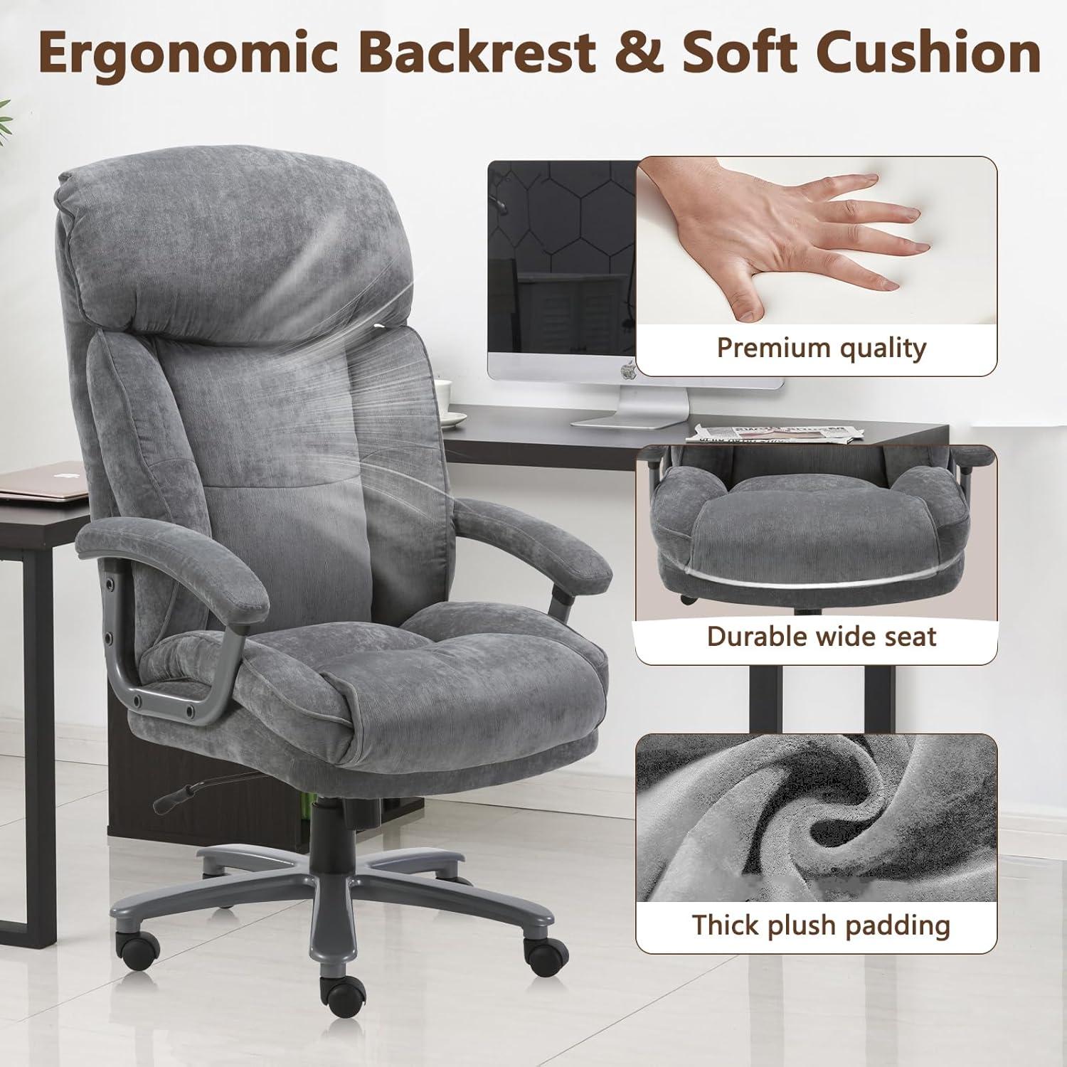 CLATINA Ergonomic Big & Tall Executive Office Chair with Upholstered Swivel 400lbs High Capacity Adjustable Height Thick Padding Headrest and Armrest for Home Office BIFMA Certified Grey