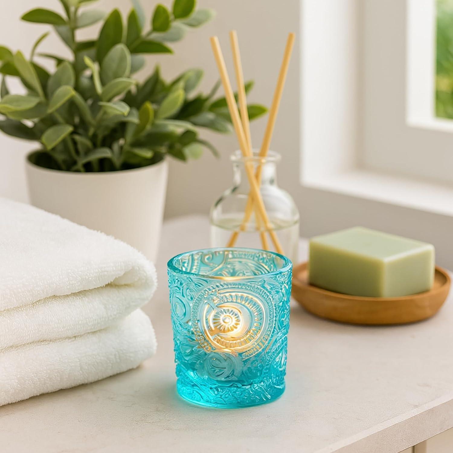 6 Pack Sun Moon Star Embossed Glass Tea Light Candle Holders - Votive Candle Holders for Wedding, Party, Home Decor, and Table Centerpieces (Aqua Blue)