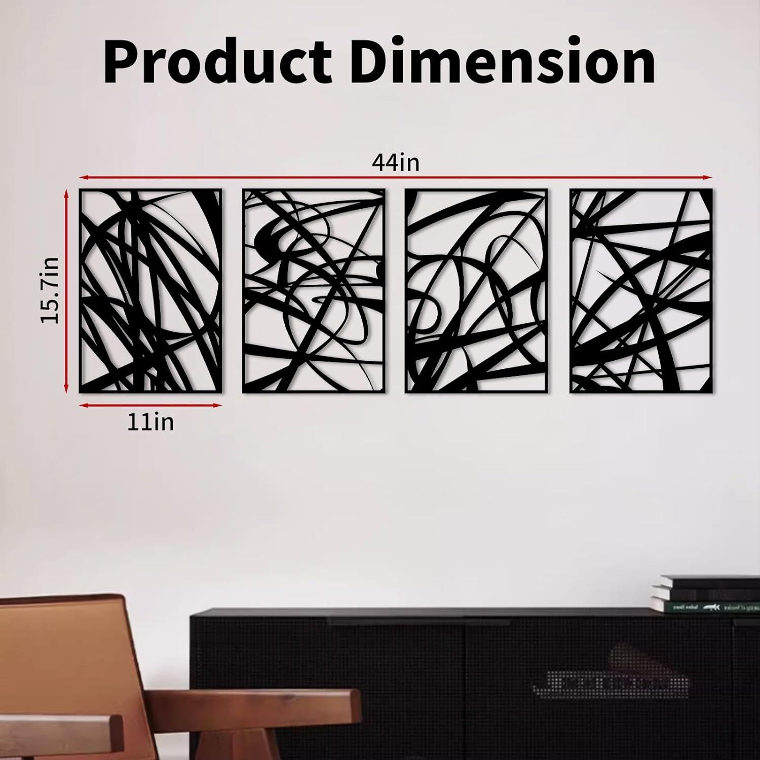 WINUSD 4Pcs Abstract Black Metal Wall Art, 3D Textured Metal Wall Decor, Modern Hollow Out Design Metal Wall Sculptures, Minimalist Line Art Home Decor for Living Rooms Offices Restaurants(16 x 11)