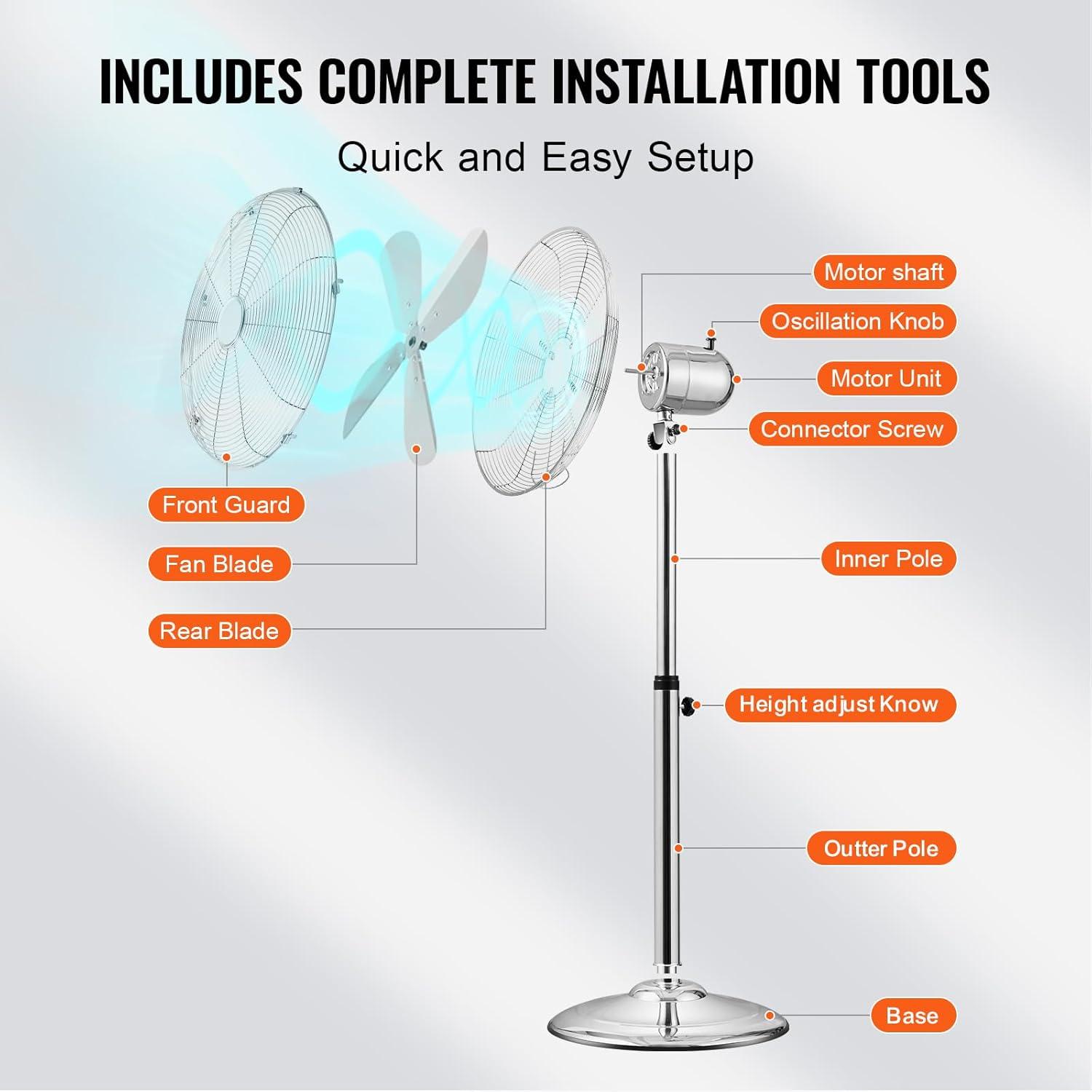 Vevor GYLSFS16INCH0LFIYV1 16 in. 3-Speed Industrial Pedestal Fan Oscillating Height Adjustable - Silver