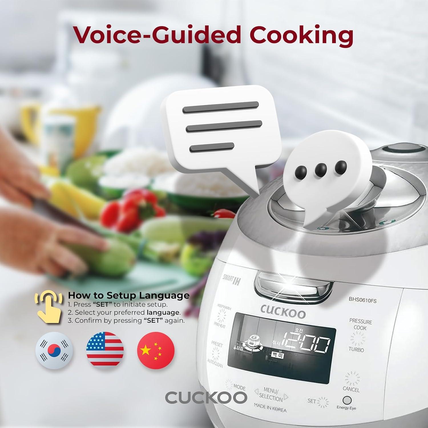 Cuckoo Electronics CUCKOO 6-Cup Induction Heating Pressure Rice Cooker with Nonstick Inner Pot, 16 Menu Modes, Fuzzy Logic Tech, 3 Voice Guide, Auto Clean (White) CRP-BHSS0609F