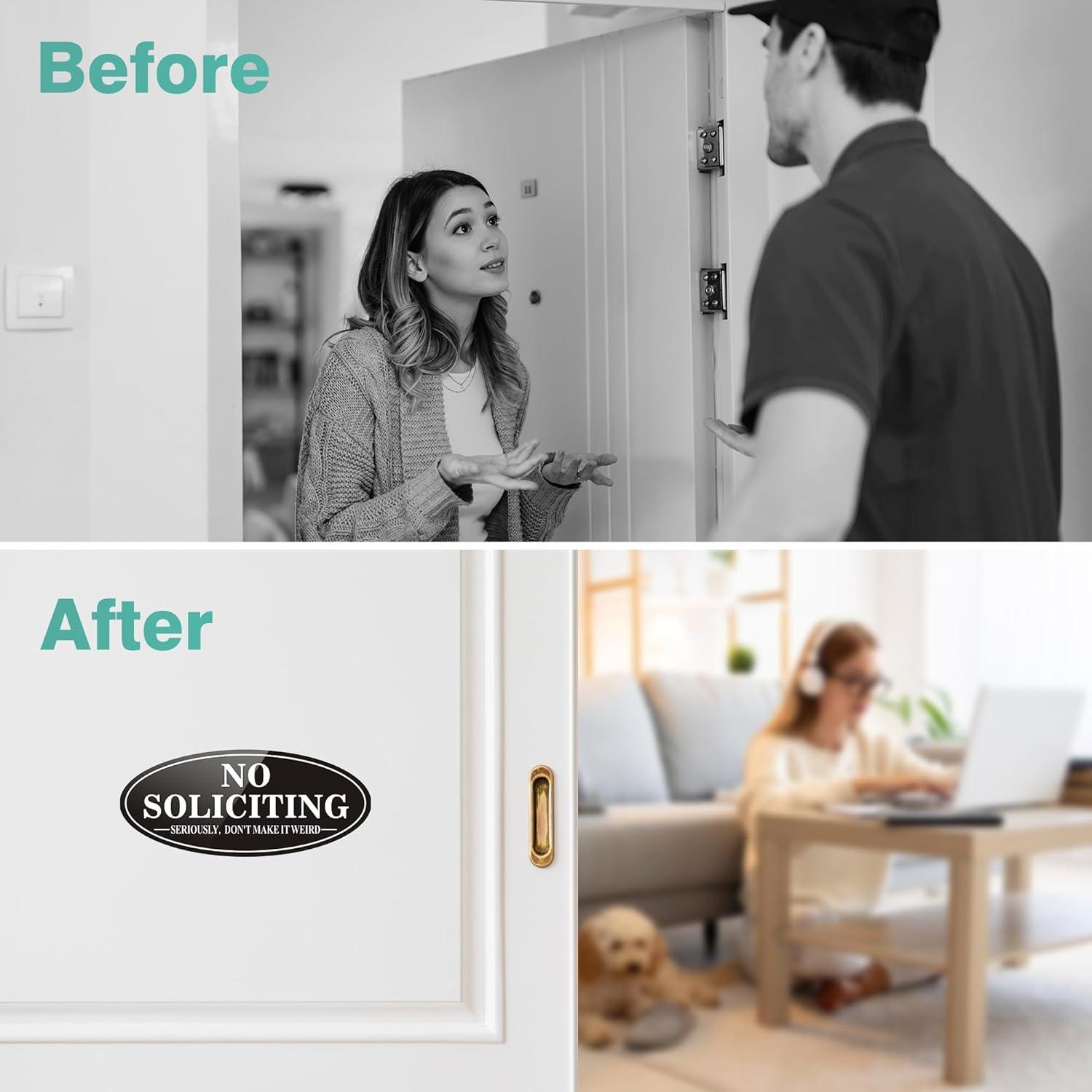 No Soliciting Sign, No Solicitors Sign for Front Door, 2 Pack Self-Adhesive Aluminum Metal No Solitation Do Not Knock or Ring Bell Sign, 7.0 x 3.0 inches Weather Resistant Signs for Home Doorbell Busi