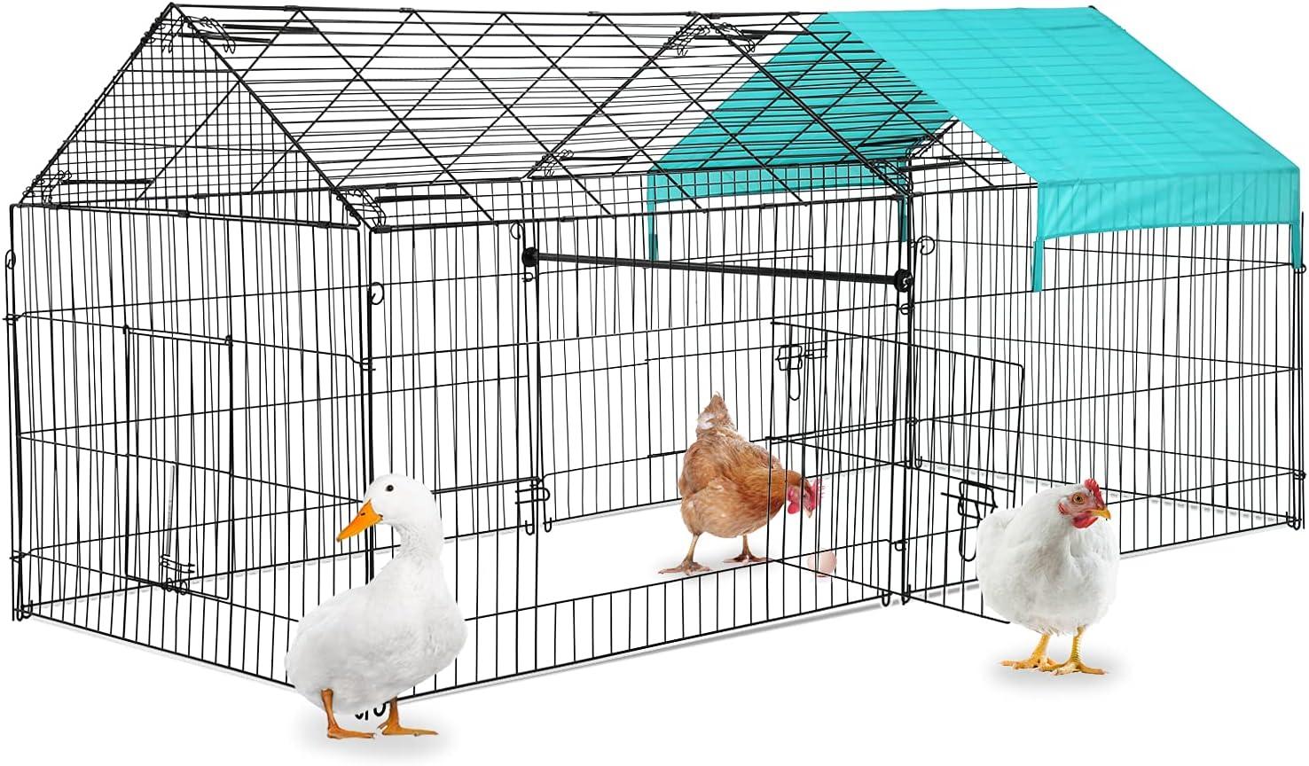 Metal Chicken Coop, 86 x 40 x 40 Inch Chicken Run for Yard with Waterproof Cover, Outdoor Portable Chicken Pen with 4 Doors, 1 Window, Chicken House for Small Animals Duck, Rabbit, Hen