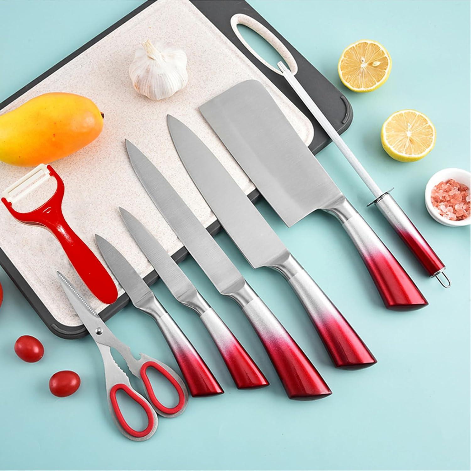 Kitchen Knife Set, 9-Pieces Red Coated Knife Block Set, Stainless Steel Chef knife Set with Sharpener Peeler Scissors, Sharp Non-Stick Knives Set with Rotatable Holder for Cutting Slicing Dicing