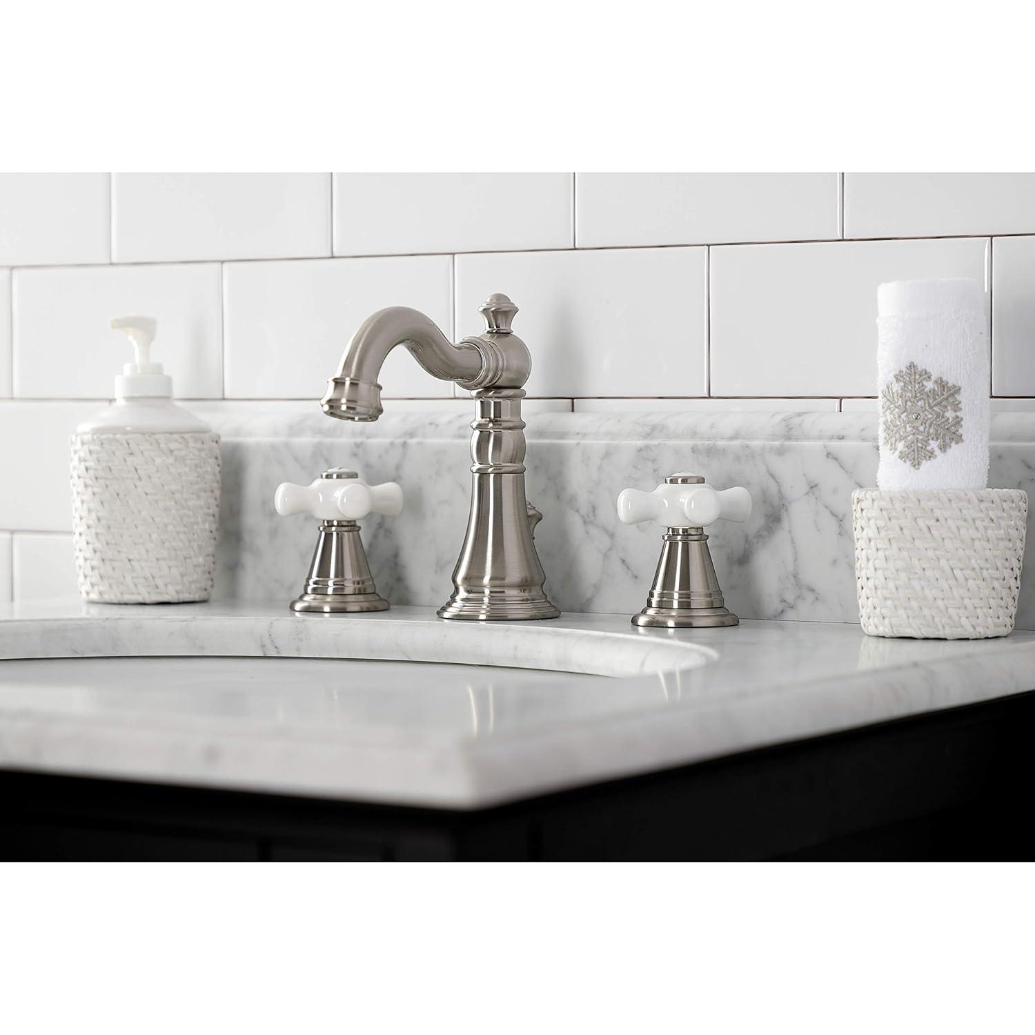 Kingston Brass American Classic Two-Handle 3-Hole Deck Mount Widespread Bathroom Faucet with Pop-Up Drain