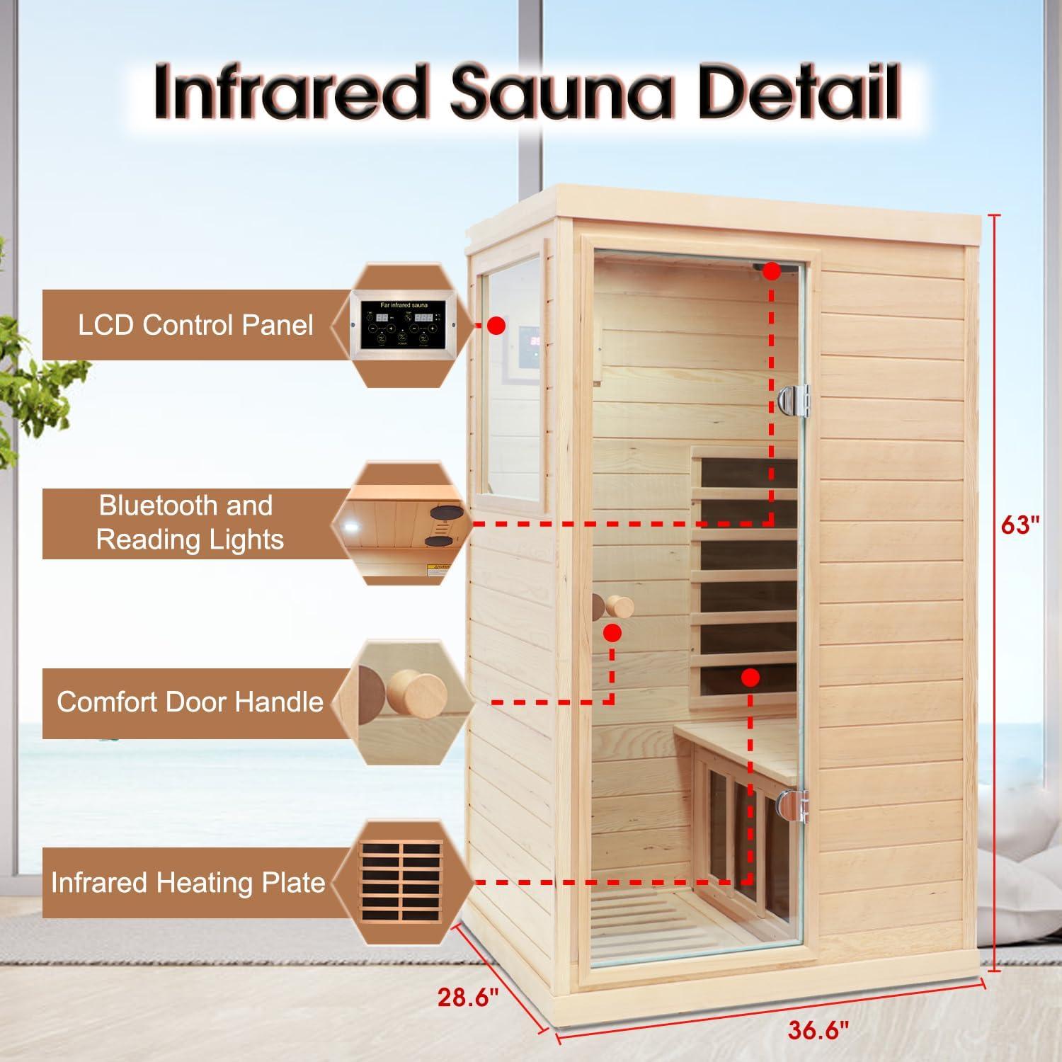 Single-Person Hemlock Wood Infrared Sauna with Carbon Heaters