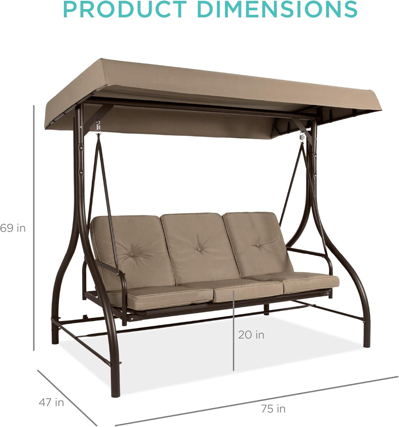 Best Choice Products 3-Seat Outdoor Converting Canopy Swing Glider Patio Hammock w/ Removable Cushions - Desert Taupe