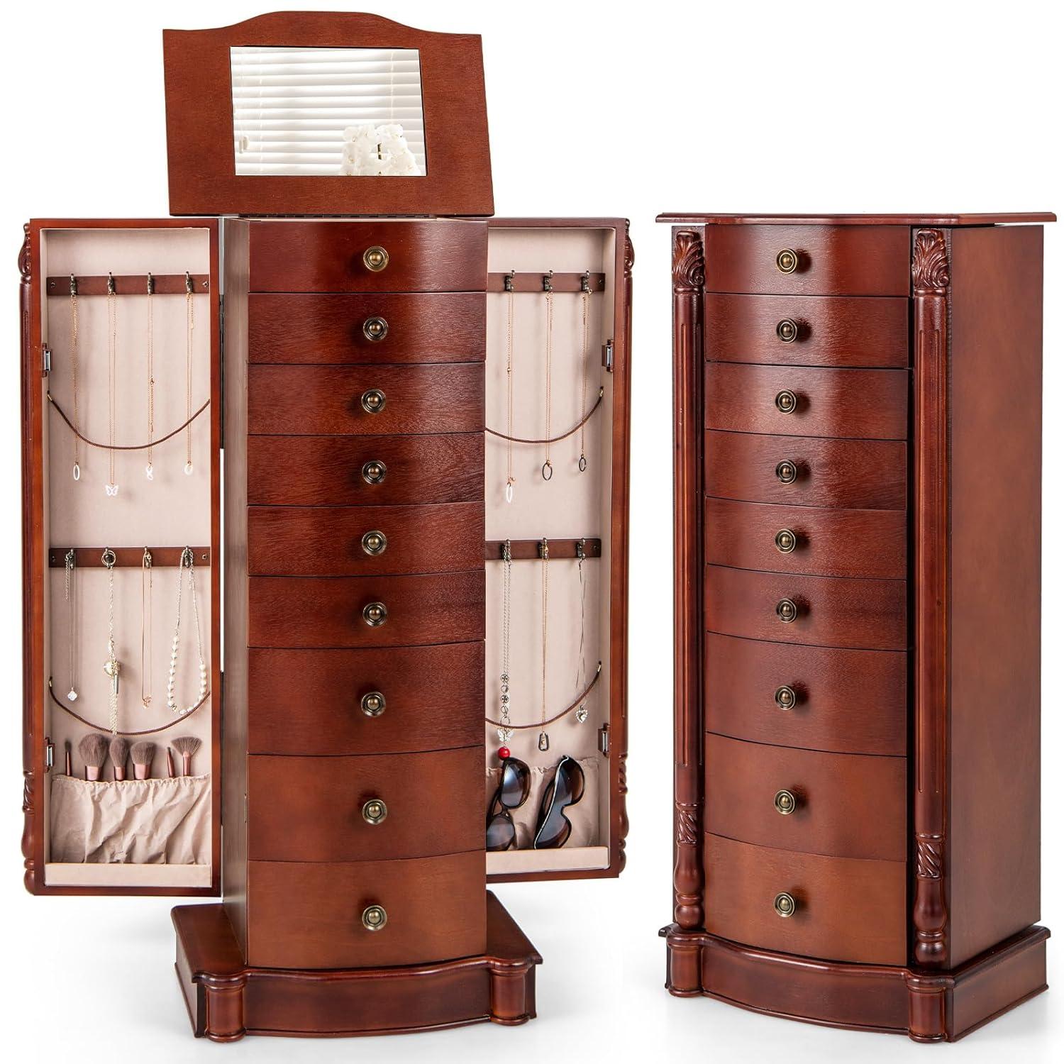 Giantex Jewelry Armoire Cabinet Stand, Large Capacity Wooden Jewelry Storage Box Organizer with Flip up Mirror, 8 Drawers and 2 Side Swing Doors Including 16 Necklace Hooks