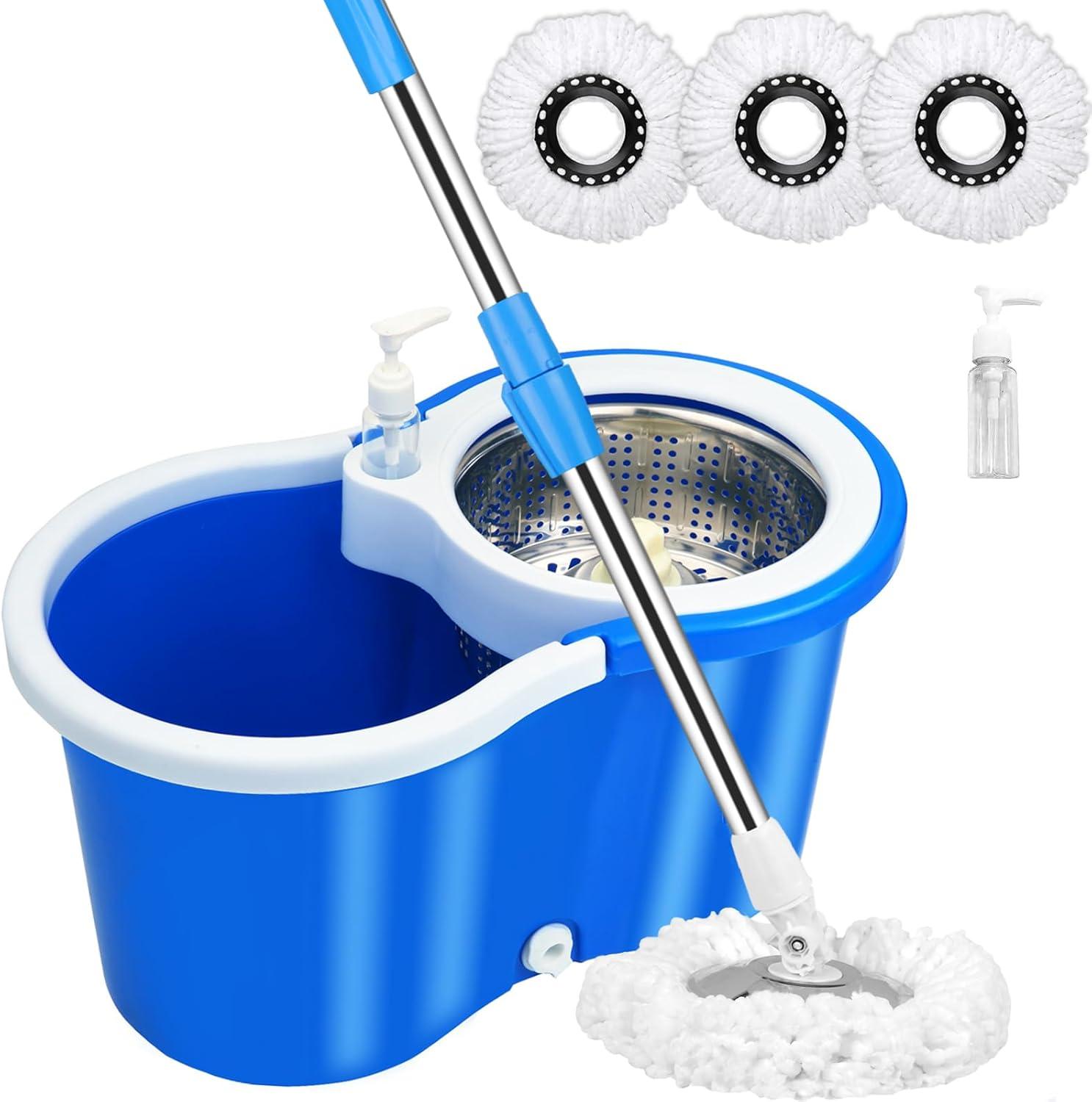 Blue Stainless Steel Spin Mop and Bucket Set with Microfiber Heads