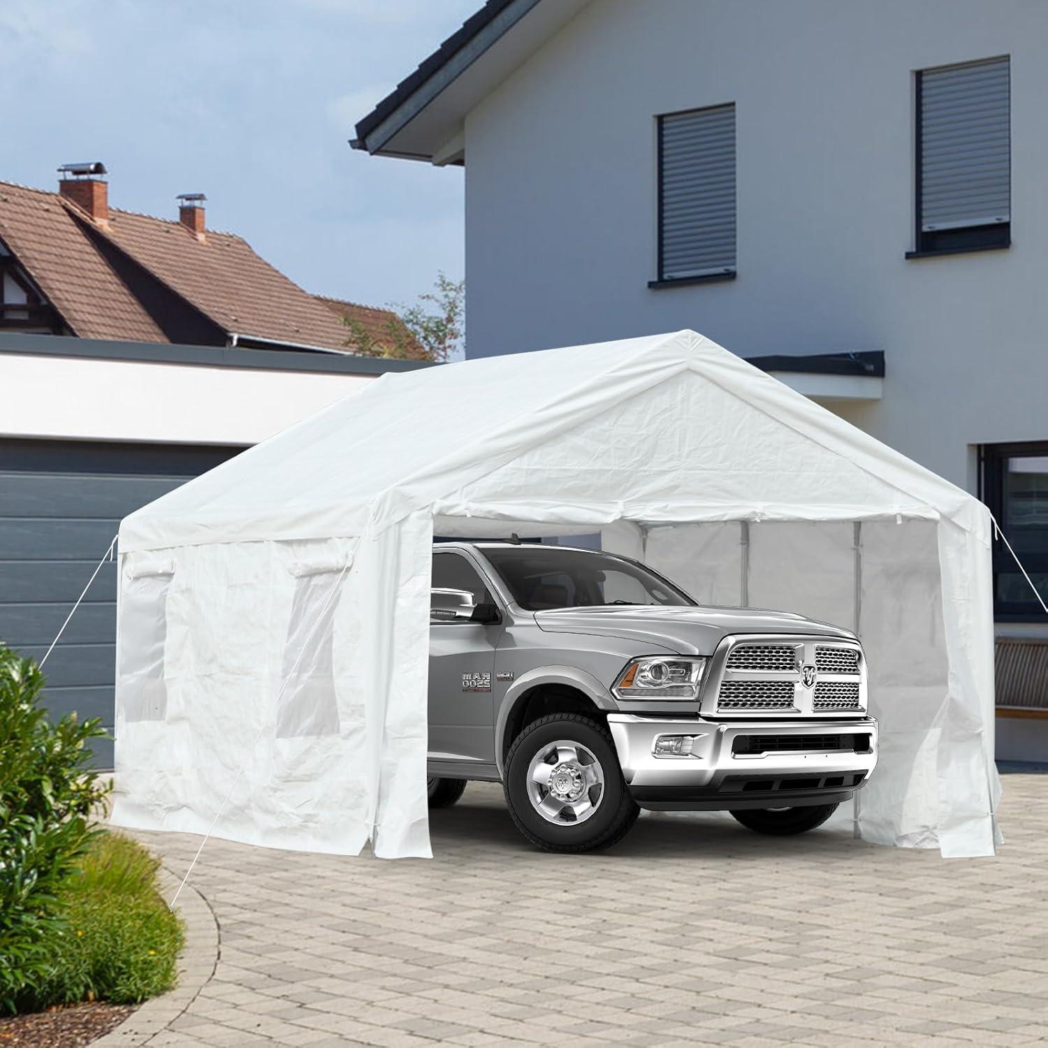 Aoodor 20 x 10 FT. Vehicle Carport Canopy Portable Garage Party Canopy Tent Boat Shelter, Heavy Duty Metal Frame with Removable Rool-up Sidewalls and Doors, White