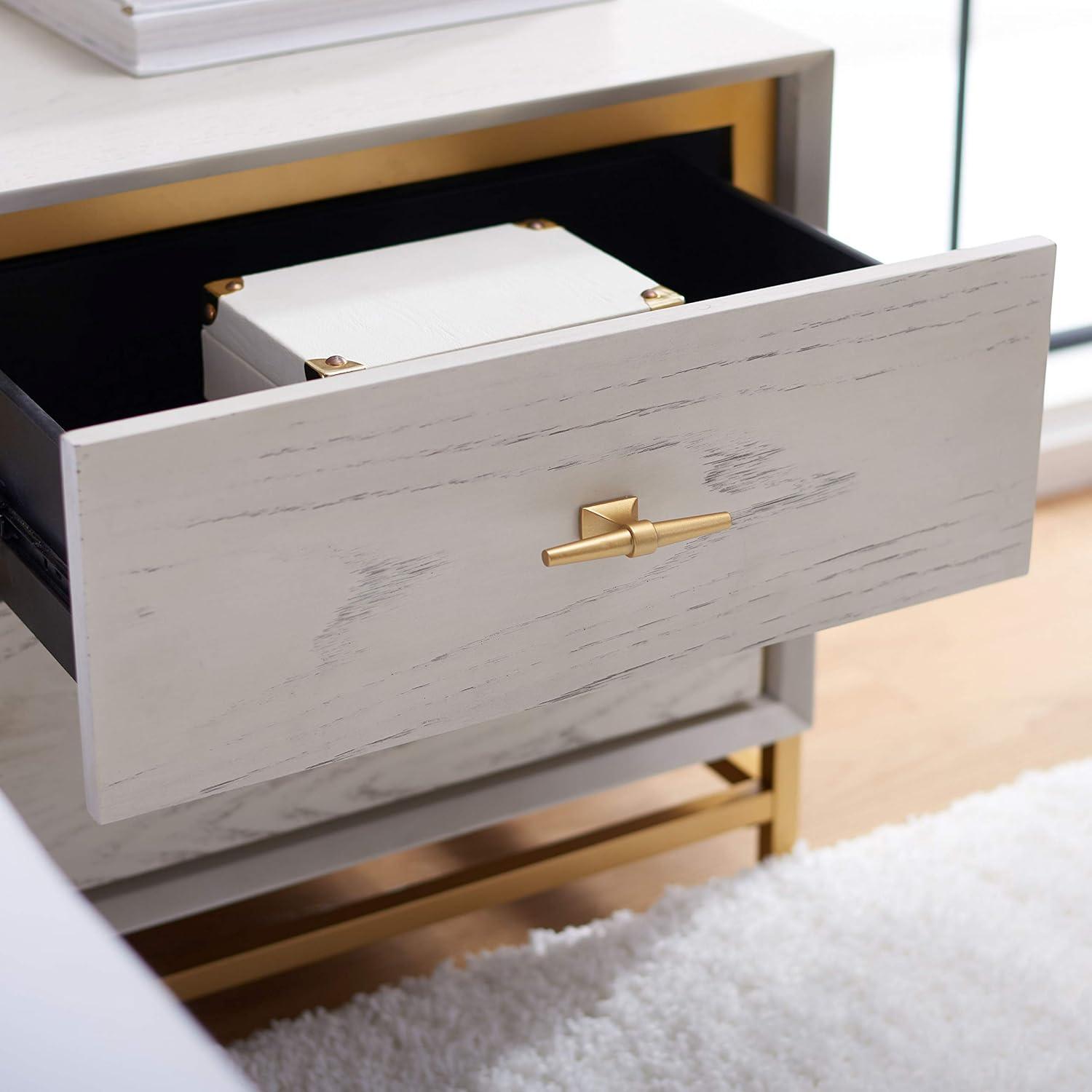 SAFAVIEH Fenno Glam 2 Drawer Nightstand, White Washed/Brass