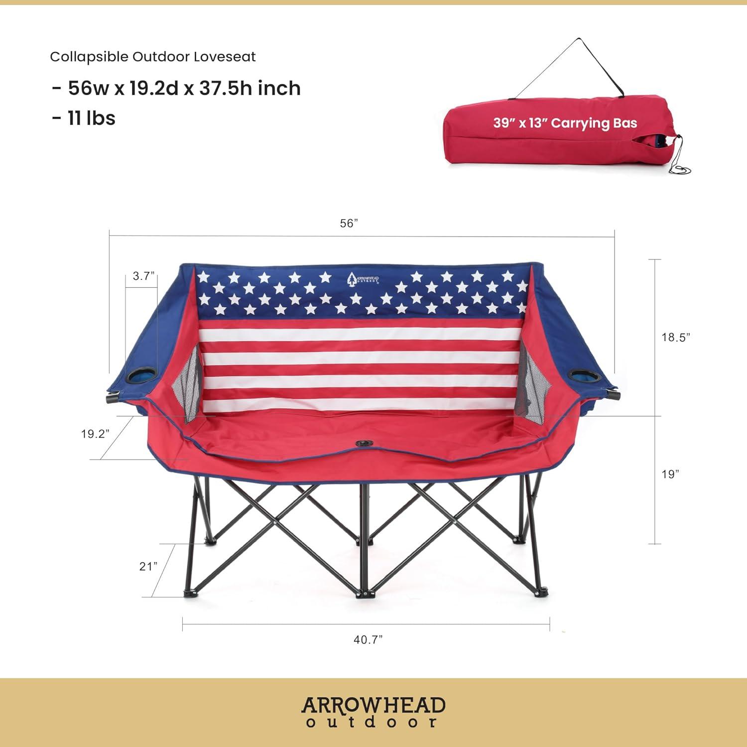 Patriotic Red, White, and Blue Folding Loveseat with Cup Holders