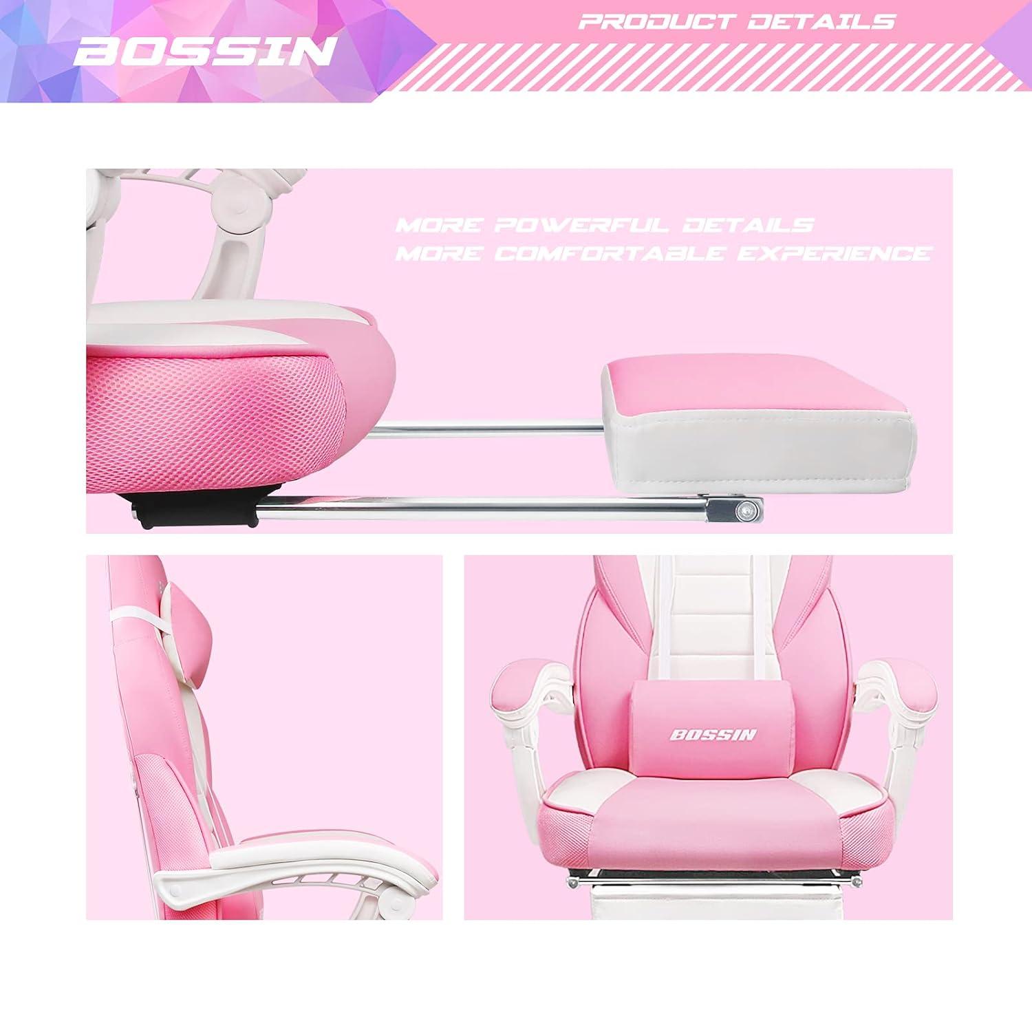 Bossin Gaming Chairs with Footrest, Massage Leather Game Chair for Adults, Big and Tall Gamer Chair with Headrest and Lumbar Support