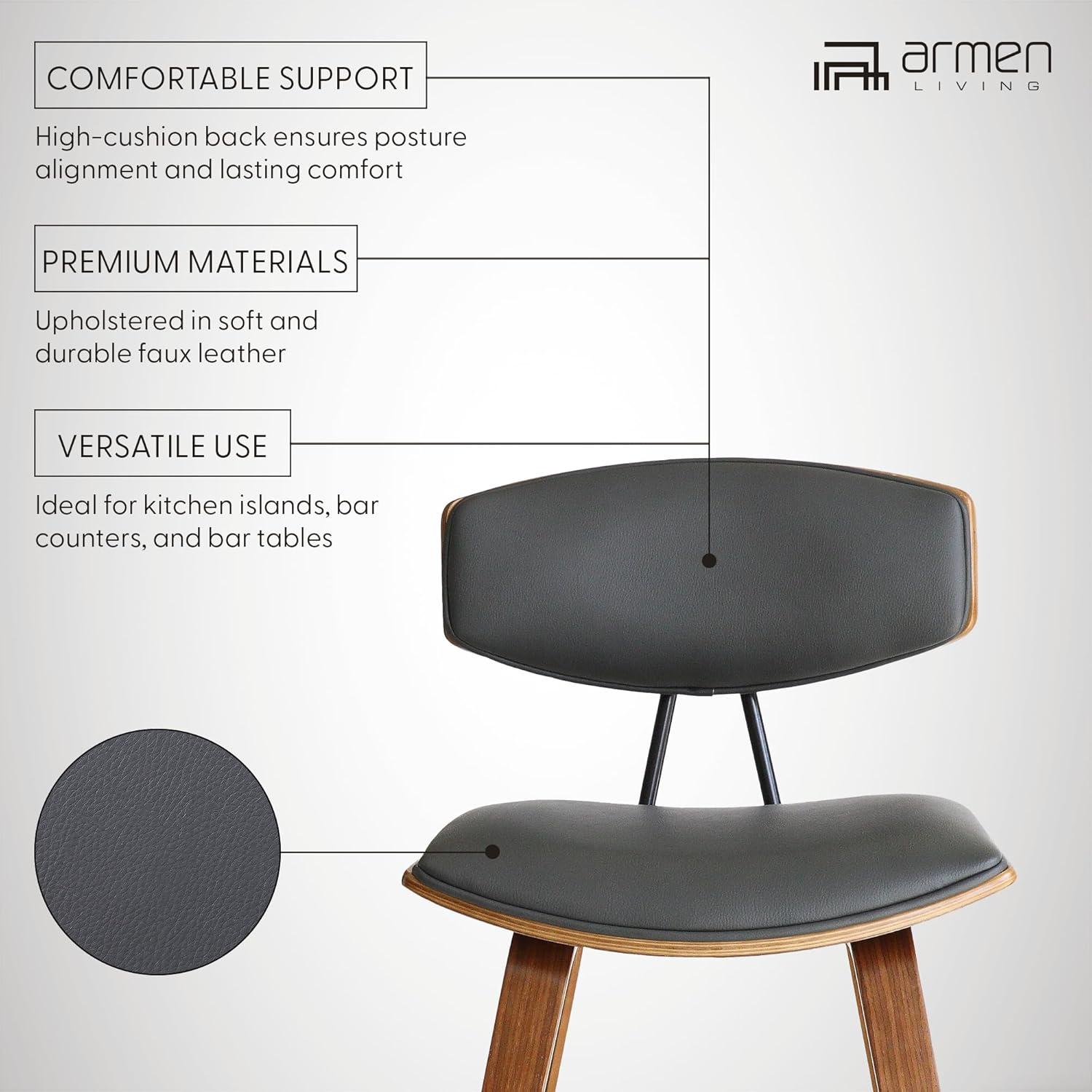 Armen Living Fox 28.5" Seat Height Gray Faux Leather and Walnut Wood Mid-Century Modern Bar Stool