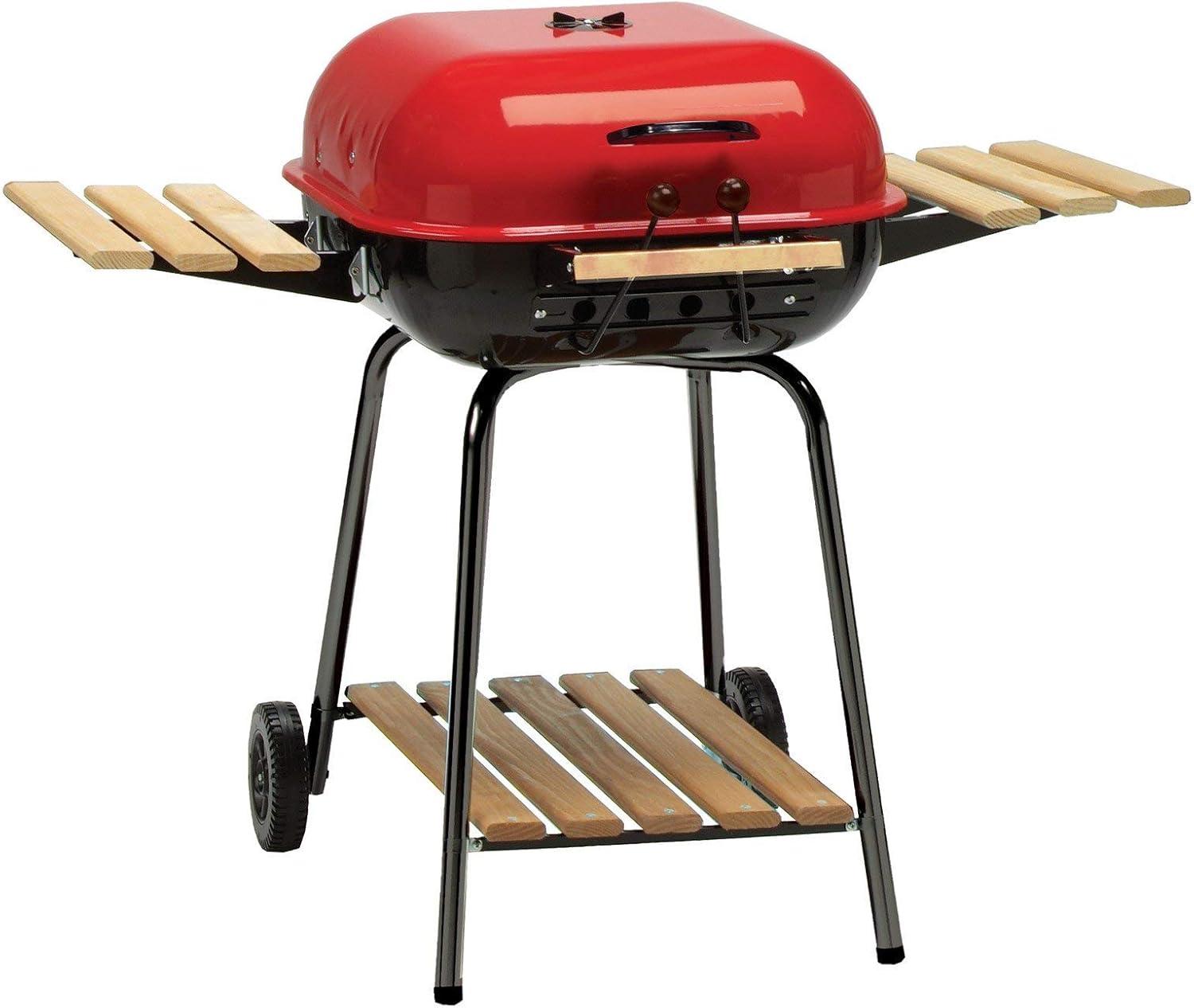 Red Charcoal Grill with Smoker and Side Tables