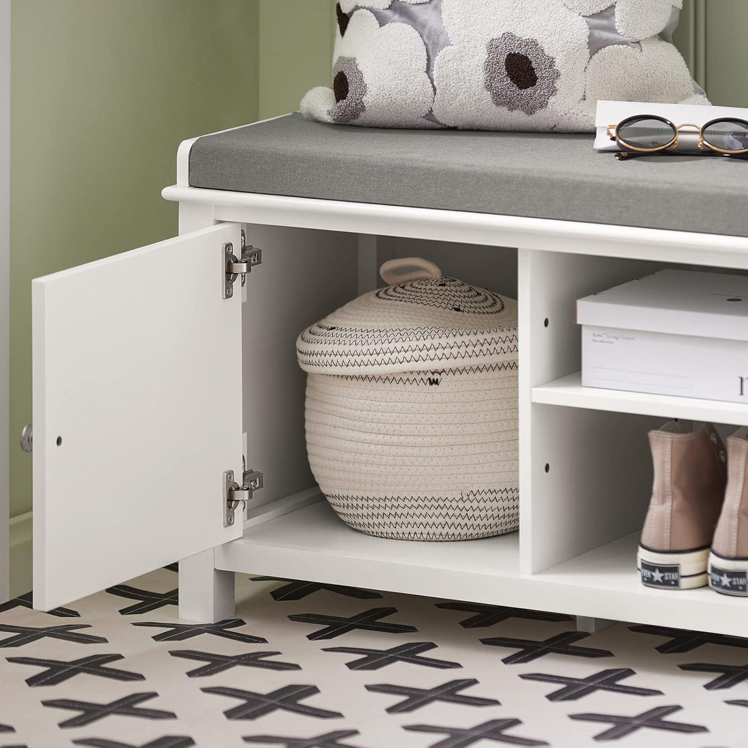 White MDF Storage Bench with Gray Cushion and Adjustable Shelves