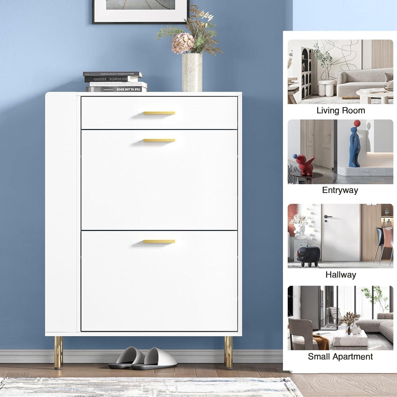 White Engineered Wood Freestanding Shoe Cabinet with Flip Drawers