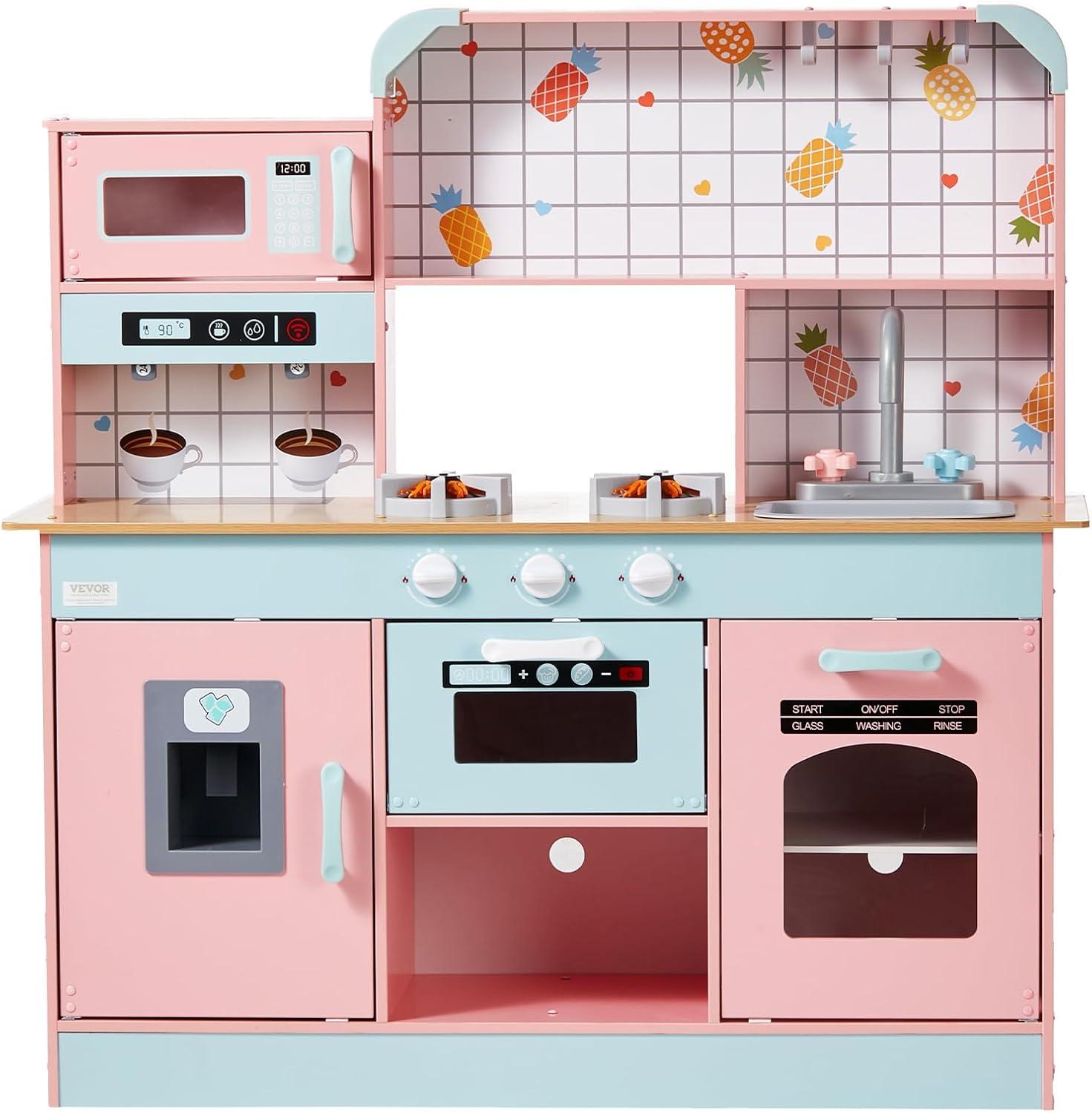 Pink Wooden Play Kitchen with Lights and Sounds