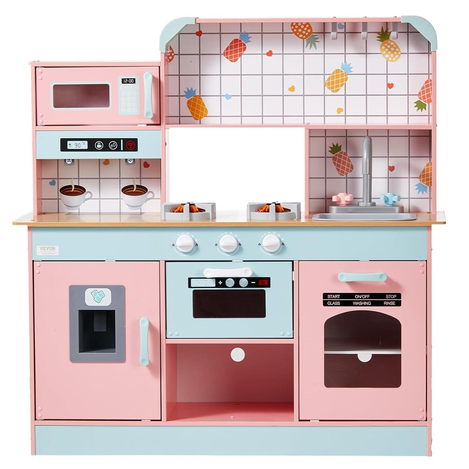 VEVOR Play Kitchen for Kids, Wooden Toy Kitchen Set with Lights and Sounds, Toddler Kitchen with Ice Maker, Oven, Sink, Microwaves, Fridge and Utensil and Fruit Accessory for Toddlers ages 3-8, Pink