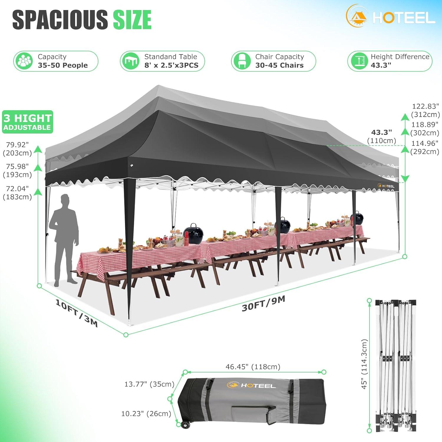 HOTEEL 10x30 Pop Up Canopy Tent with 8 Sidewalls,Heavy Duty Wedding Event Tents,Party Gazebo with Roller Bag,UPF 50+ Windproof Waterproof,Black