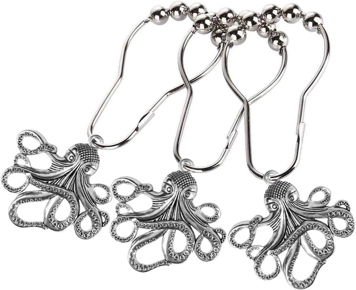 Set of 12 Octopus Shower Curtain Hooks Decorative Home Bathroom Squid Sea Creature Beast Stainless Steel Rustproof Brushed Nickel Rings with Octopus Decorative Accessories (Silver)